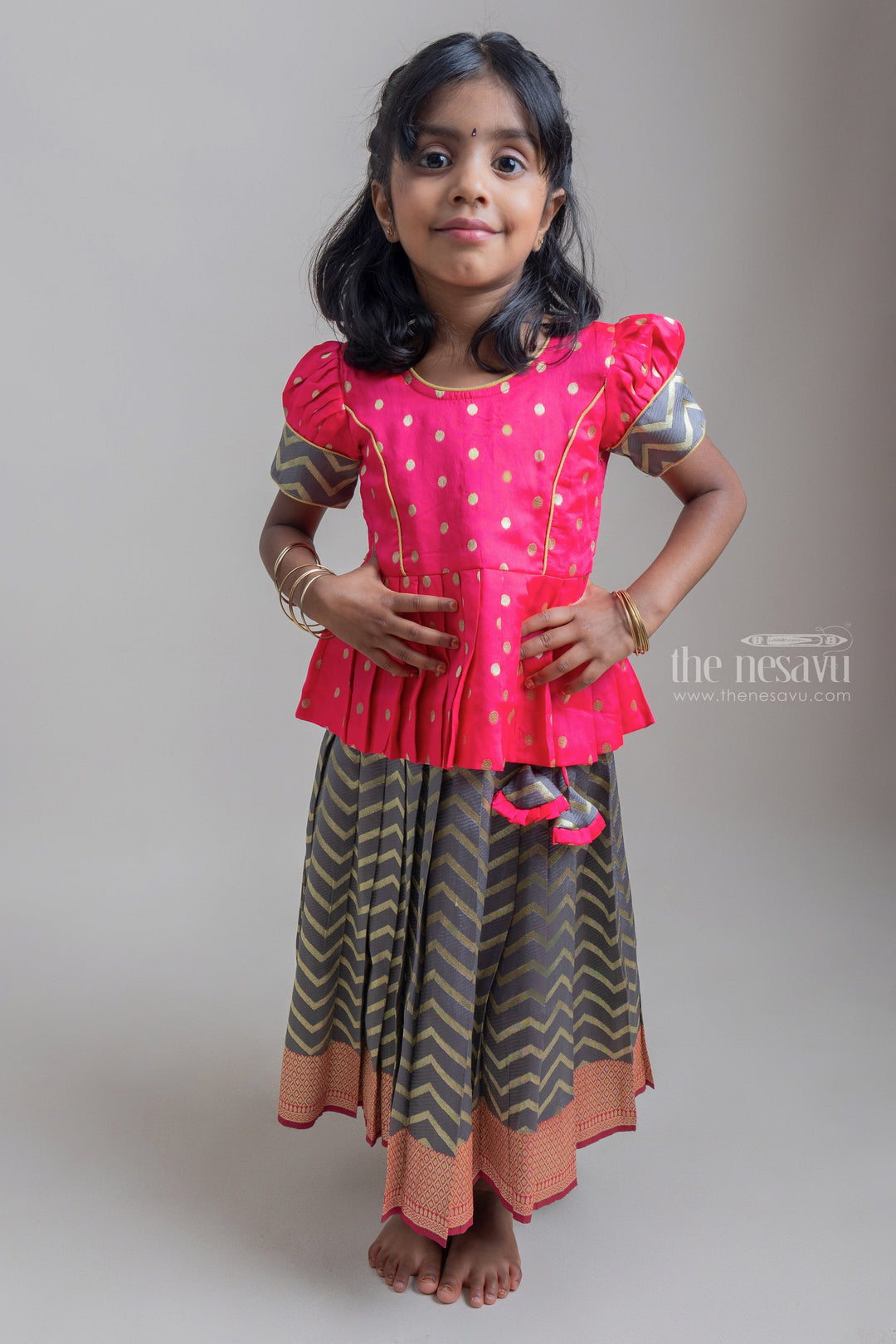 The Nesavu Pattu Pavadai Jacquard Pink Polka Zari Peplum Blouse With Banarasi Brocade Pattu Pavadai Sattai Nesavu Pattu Skirt And Designer Blouse 2023| Traditional Collection|The Nesavu