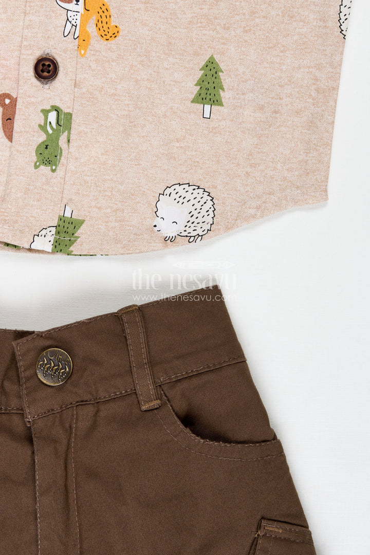 The Nesavu Boys Casual Set Jungle Print Shirt and Cargo Shorts Set for Toddler Boys Nesavu Nesavu Jungle Animal Print Toddler Shirt Brown Cargo Shorts Set Soft Cotton Fabric