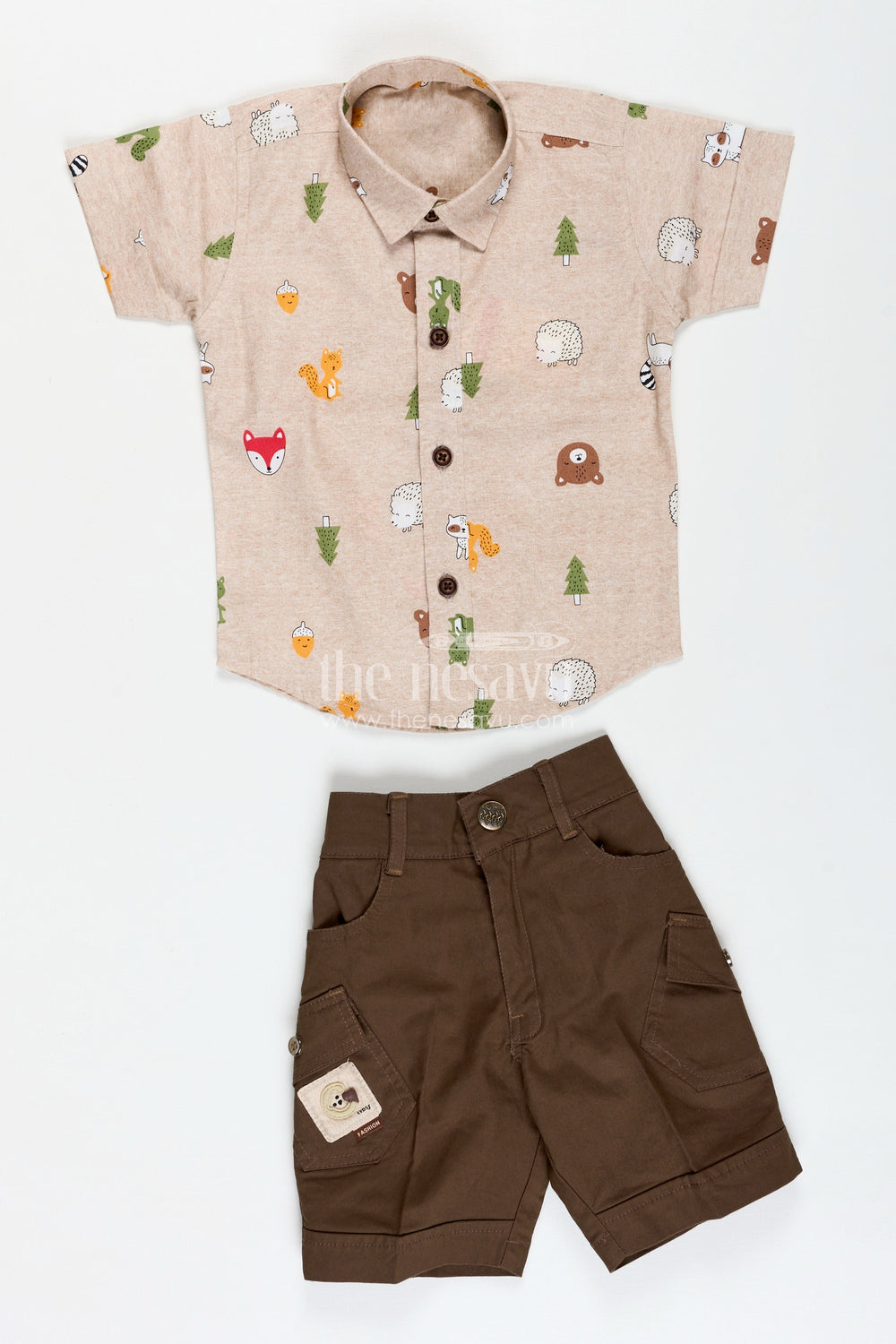 The Nesavu Boys Casual Set Jungle Print Shirt and Cargo Shorts Set for Toddler Boys Nesavu Nesavu Jungle Animal Print Toddler Shirt Brown Cargo Shorts Set Soft Cotton Fabric