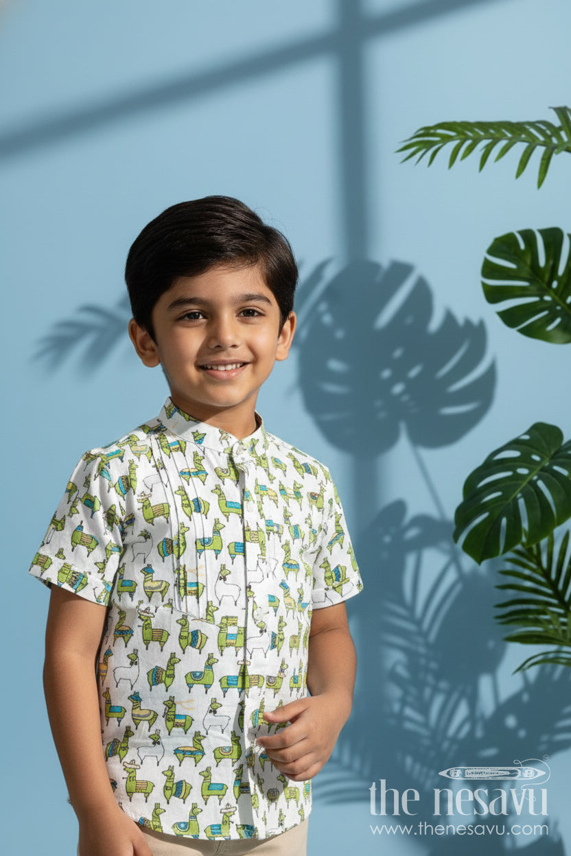 The Nesavu Boys Cotton Shirt Jungle Theme Animal Print Shirt for Boys Lightweight Summer Wear Nesavu 16 (1Y) / White BS280A-16 Nesavu Cotton Summer Shirt Boys Leafy Jungle Theme Playful Green Animal Digital Print