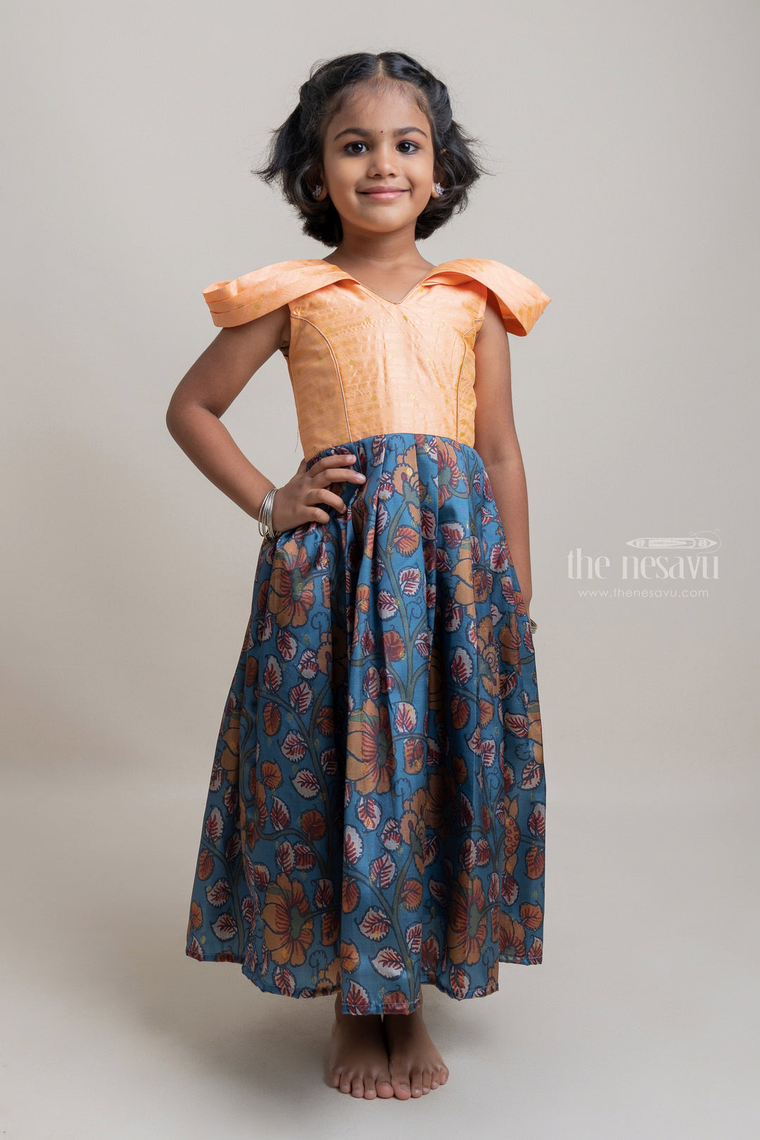 The Nesavu Silk Gown Kalahasti Kalamkari Inspired Designer Kalamkari Anarkali For Kids Nesavu 16 (1Y) / Blue / Silk Blend GA131 Explore our range of Cotton Anarkali dresses for baby girls | The Nesavu