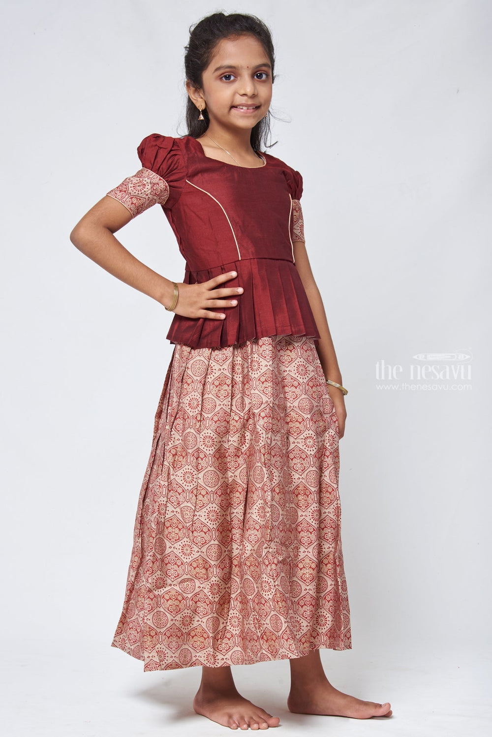 The Nesavu Pattu Pavadai Kalamkari Printed Beige Skirt with Brown Jacquard Silk Blouse for Girls Nesavu New model Pattu Pavadai | Silk Blouse for Girls | The Nesavu