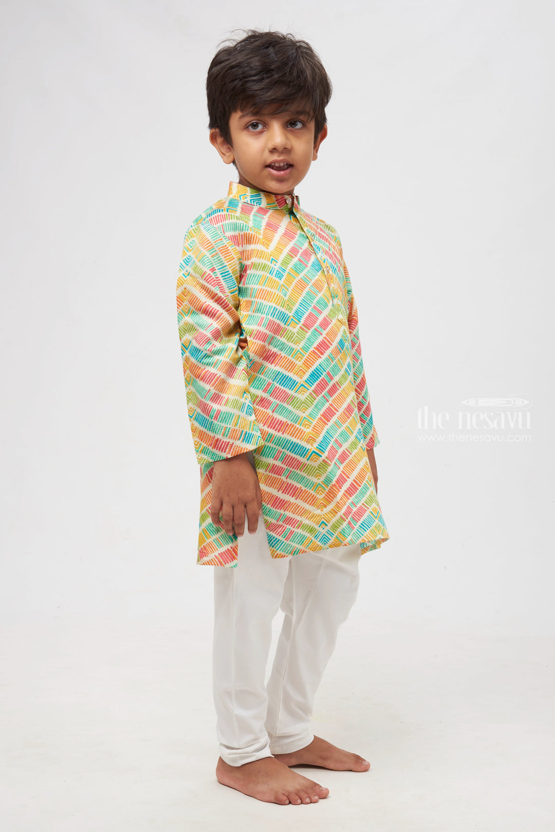 The Nesavu Boys Kurtha Set Kaleidoscope Charm: Geometric Multicolor Symphony Kurta with Coordinated Pant for Boys Nesavu Traditional Boys Kurta with Pant | Exclusive Traditional Boys Collections | The Nesavu