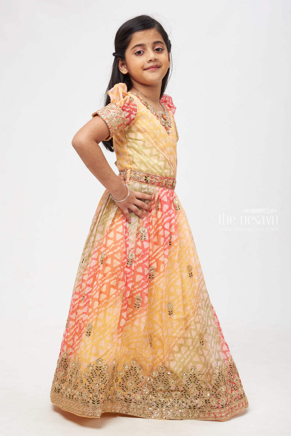 The Nesavu Girls Party Gown Kaleidoscope Grace: Gota Mirror & Geometric Pleated Multicolor Organza Anarkali Gown for Girls Nesavu Fashionable Anarkali Dress Collection | Stylish Anarkali Designs Online | The Nesavy