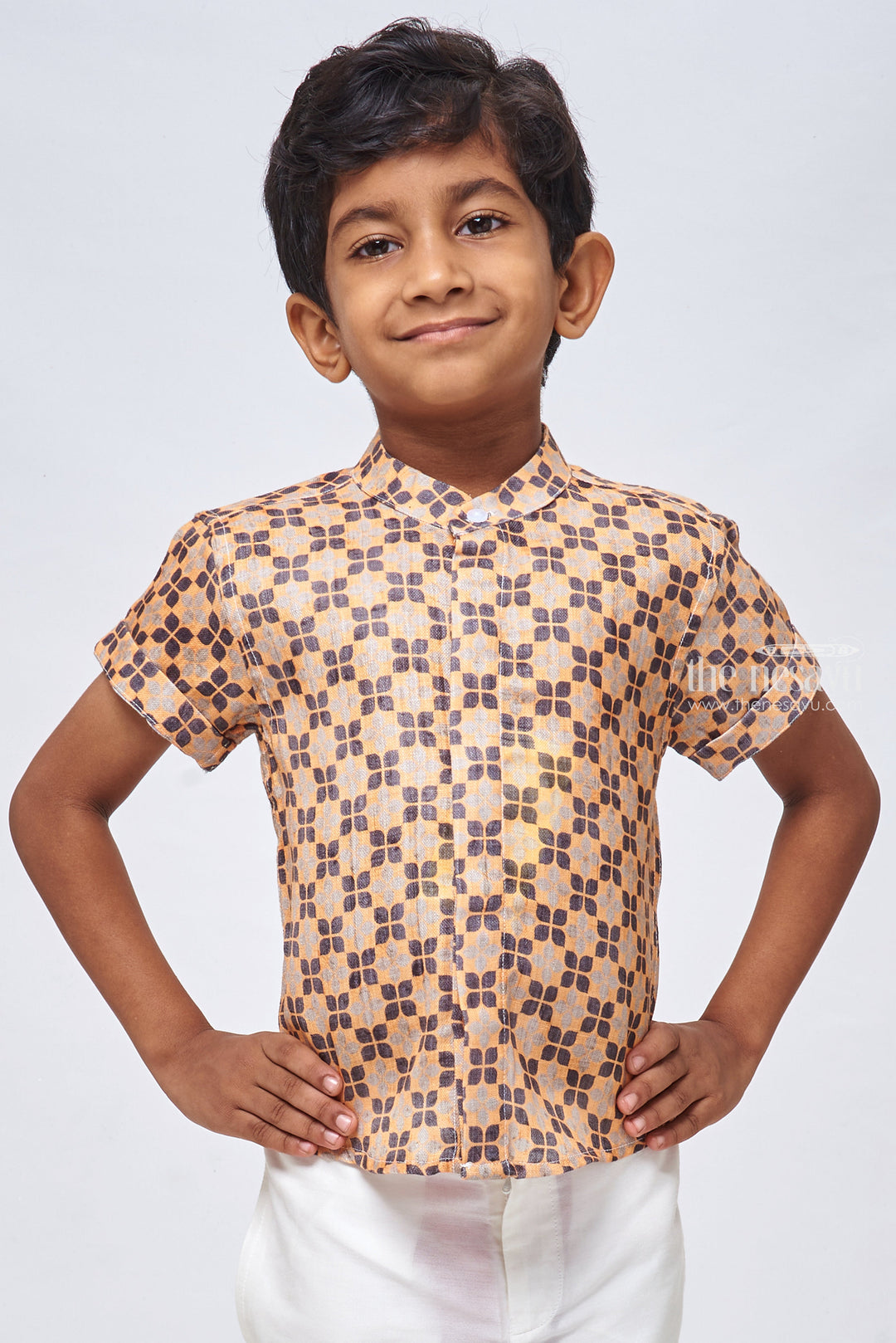 The Nesavu Boys Linen Shirt Karaikudi Chettinad Tile Inspires Print Boys Linen Shirt for a Free-Spirited Look Nesavu 14 (6M) / Yellow / Linen BS072-14 Tile-Inspired Printed Boys Linen Shirt | Kids Printed Shirt | The Nesavu