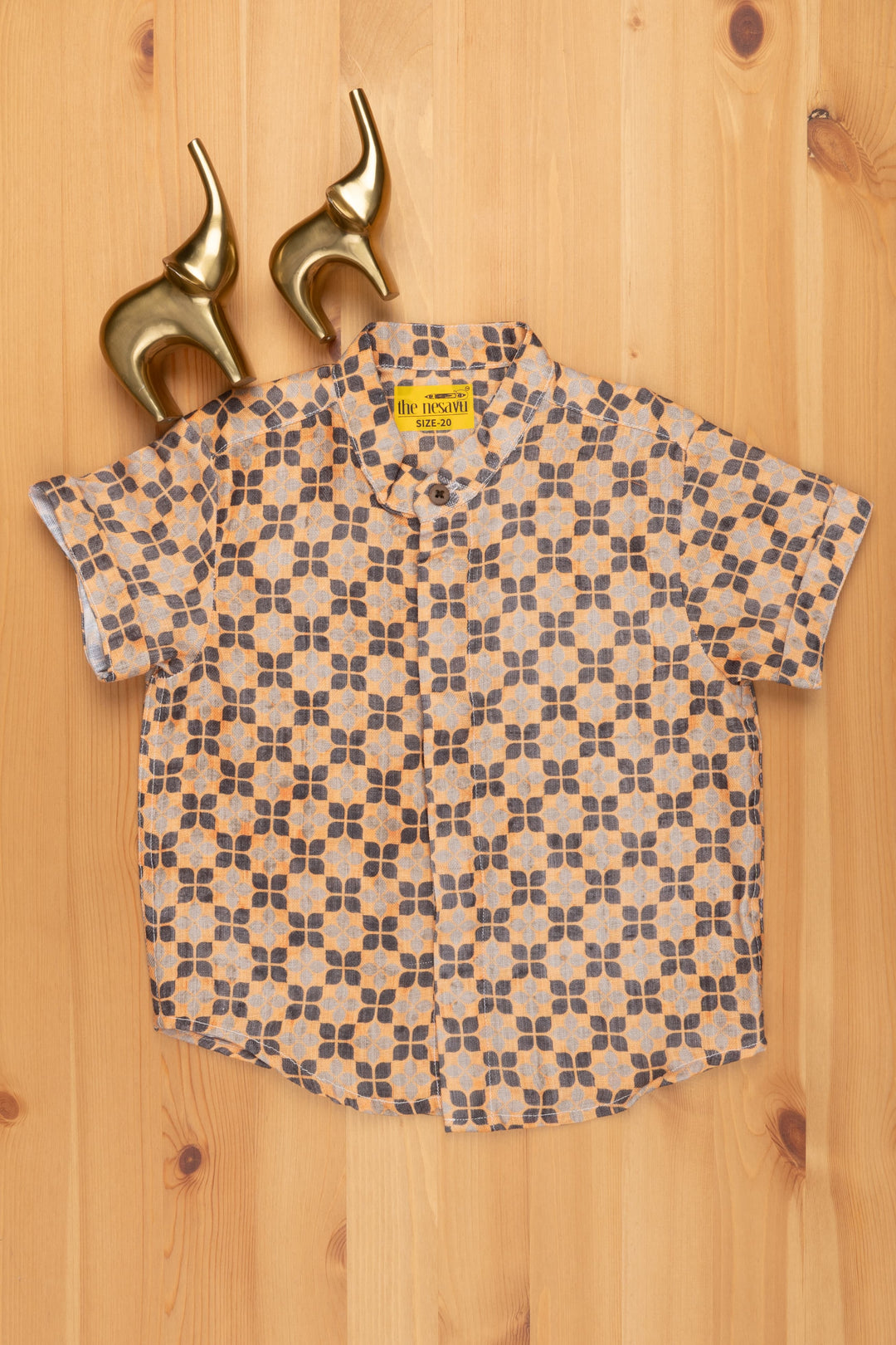 The Nesavu Boys Linen Shirt Karaikudi Chettinad Tile Inspires Print Boys Linen Shirt for a Free-Spirited Look Nesavu 14 (6M) / Yellow / Linen BS072 Tile-Inspired Printed Boys Linen Shirt | Kids Printed Shirt | The Nesavu