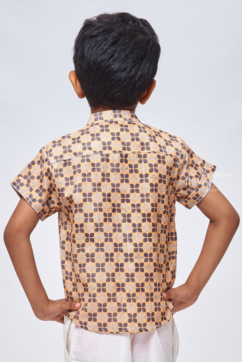 The Nesavu Boys Linen Shirt Karaikudi Chettinad Tile Inspires Print Boys Linen Shirt for a Free-Spirited Look Nesavu Tile-Inspired Printed Boys Linen Shirt | Kids Printed Shirt | The Nesavu