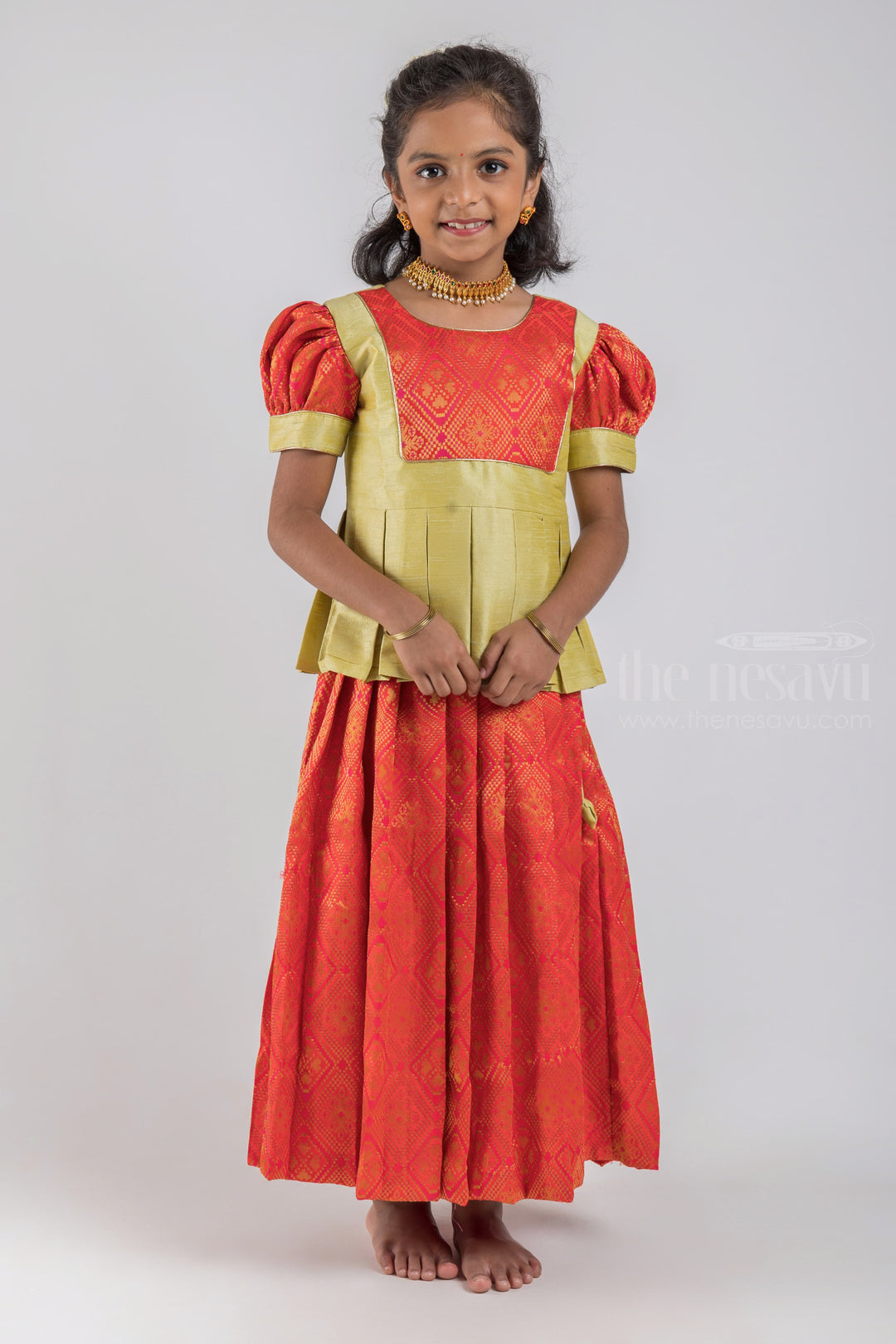 The Nesavu Pattu Pavadai Kerala Pattu Pavadai Designs: Timeless Elegance for Your Little One psr silks Nesavu 16 (1Y) / Orange / Jacquard GPP280A
