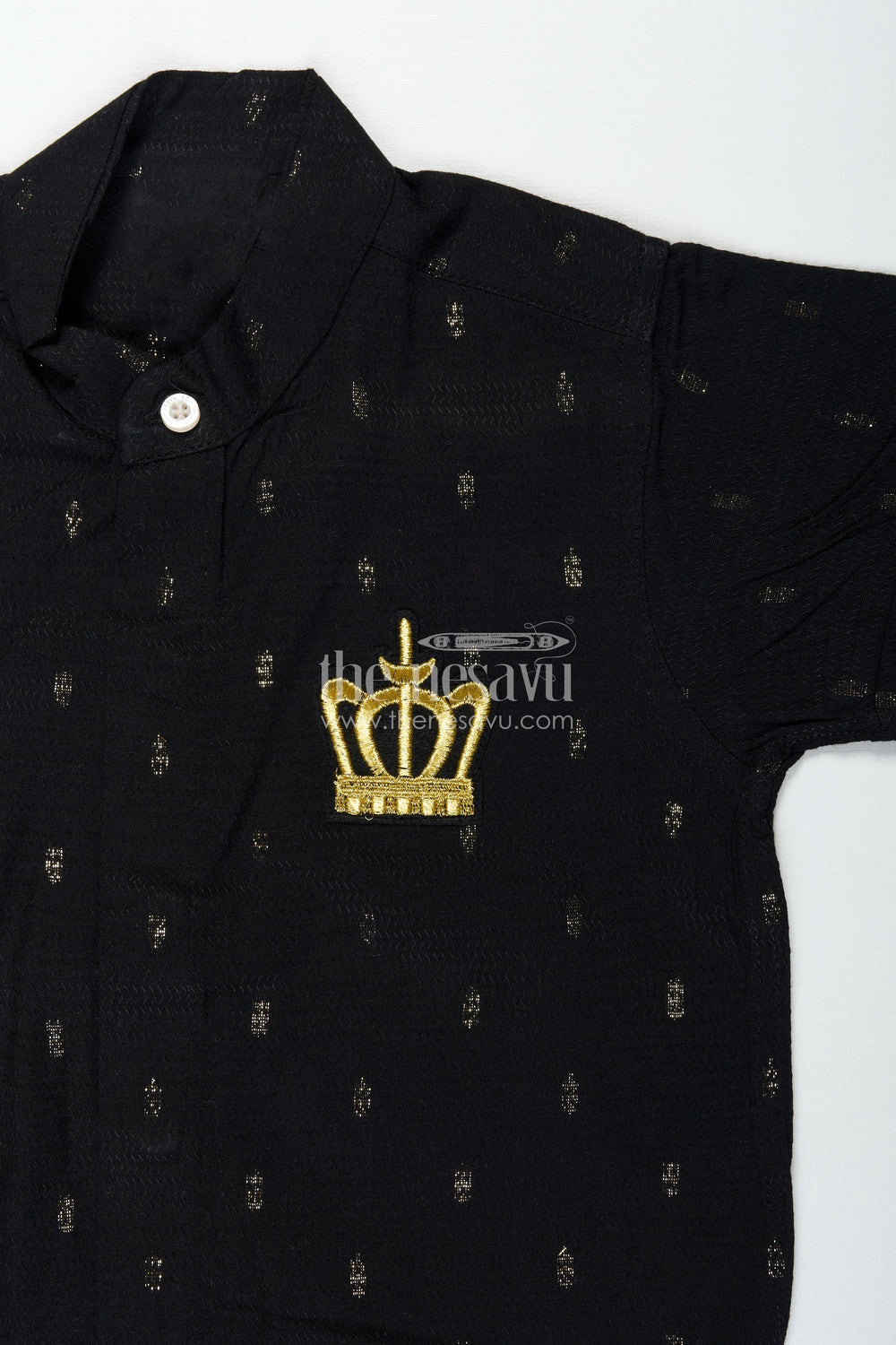 The Nesavu Boys Silk Shirt Kids Black Cotton Shirt with Crown Patch Embellishment in Semi Silk Blend for Stylish Young Boys Nesavu Nesavu Kids Black Cotton Shirt Semi Silk Blend Yellow Crown Patch Subtle Woven Motifs