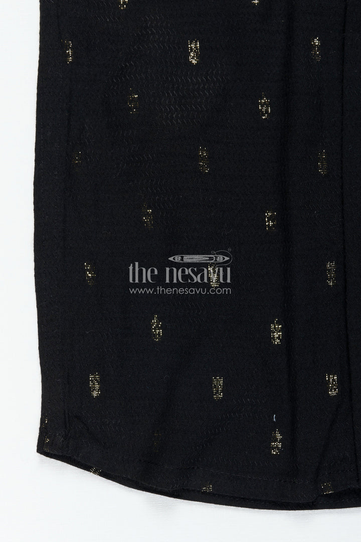 The Nesavu Boys Silk Shirt Kids Black Cotton Shirt with Crown Patch Embellishment in Semi Silk Blend for Stylish Young Boys Nesavu Nesavu Kids Black Cotton Shirt Semi Silk Blend Yellow Crown Patch Subtle Woven Motifs
