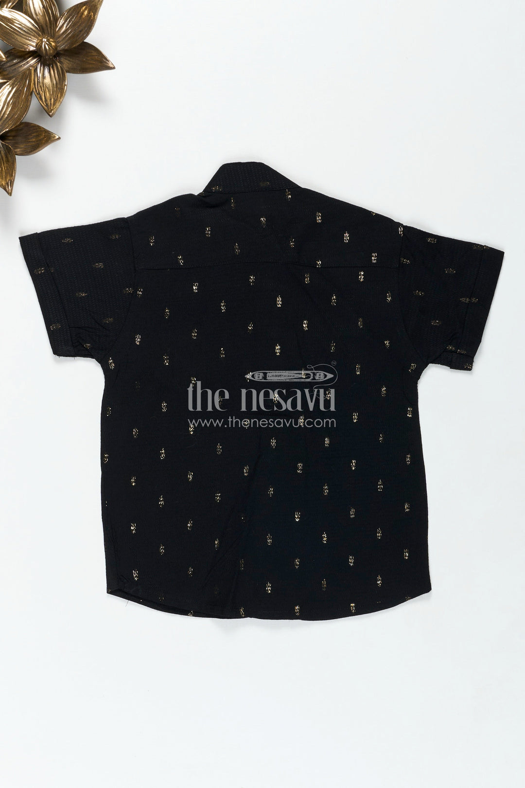 The Nesavu Boys Silk Shirt Kids Black Cotton Shirt with Crown Patch Embellishment in Semi Silk Blend for Stylish Young Boys Nesavu Nesavu Kids Black Cotton Shirt Semi Silk Blend Yellow Crown Patch Subtle Woven Motifs