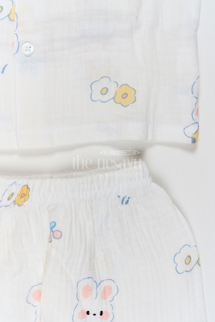 The Nesavu Night Dress Kids Bunny Print Night Suit for Cosy Bedtime and Sleepovers Nesavu Nesavu Kids Bunny Print Muslin Night Suit For Cosy Bedtime Sleepovers With Full Length Pajama Pants