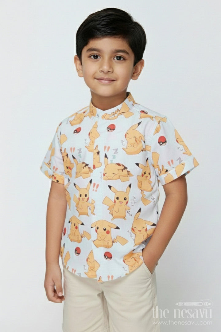 The Nesavu Boys Linen Shirt Kids Cartoon Print Shirt for Birthdays and Casual Wear Nesavu 16 (1Y) / Multicolor BS378A-16 Nesavu kids linen shirt with cartoon print for birthdays, casual outings, and playful style