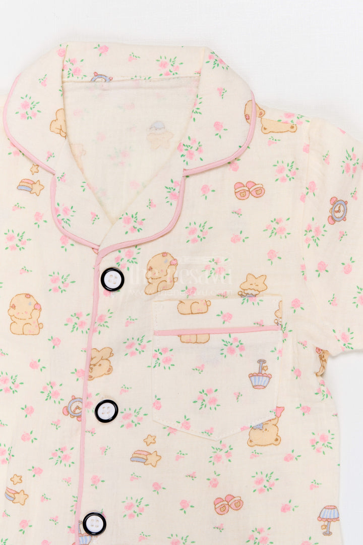 The Nesavu Night Dress Kids Cotton Night Suit for Comfortable Summer Sleep Nesavu Nesavu Kids Muslin Cotton Night Suit With Floral Digital Print For Summer Sleepwear