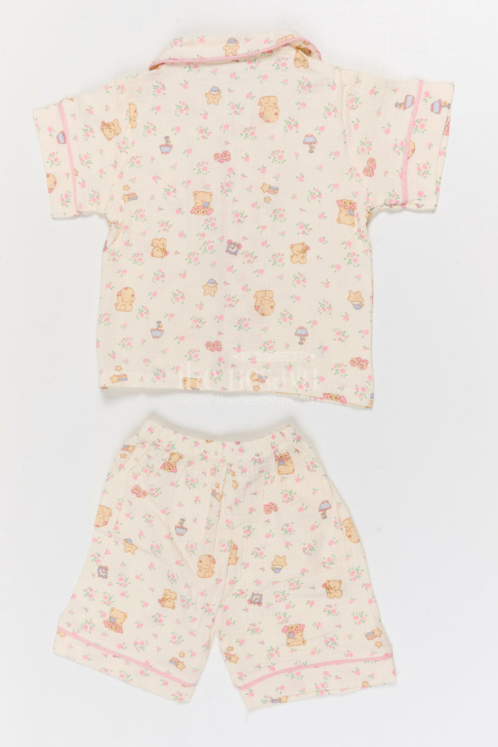 The Nesavu Night Dress Kids Cotton Night Suit for Comfortable Summer Sleep Nesavu Nesavu Kids Muslin Cotton Night Suit With Floral Digital Print For Summer Sleepwear