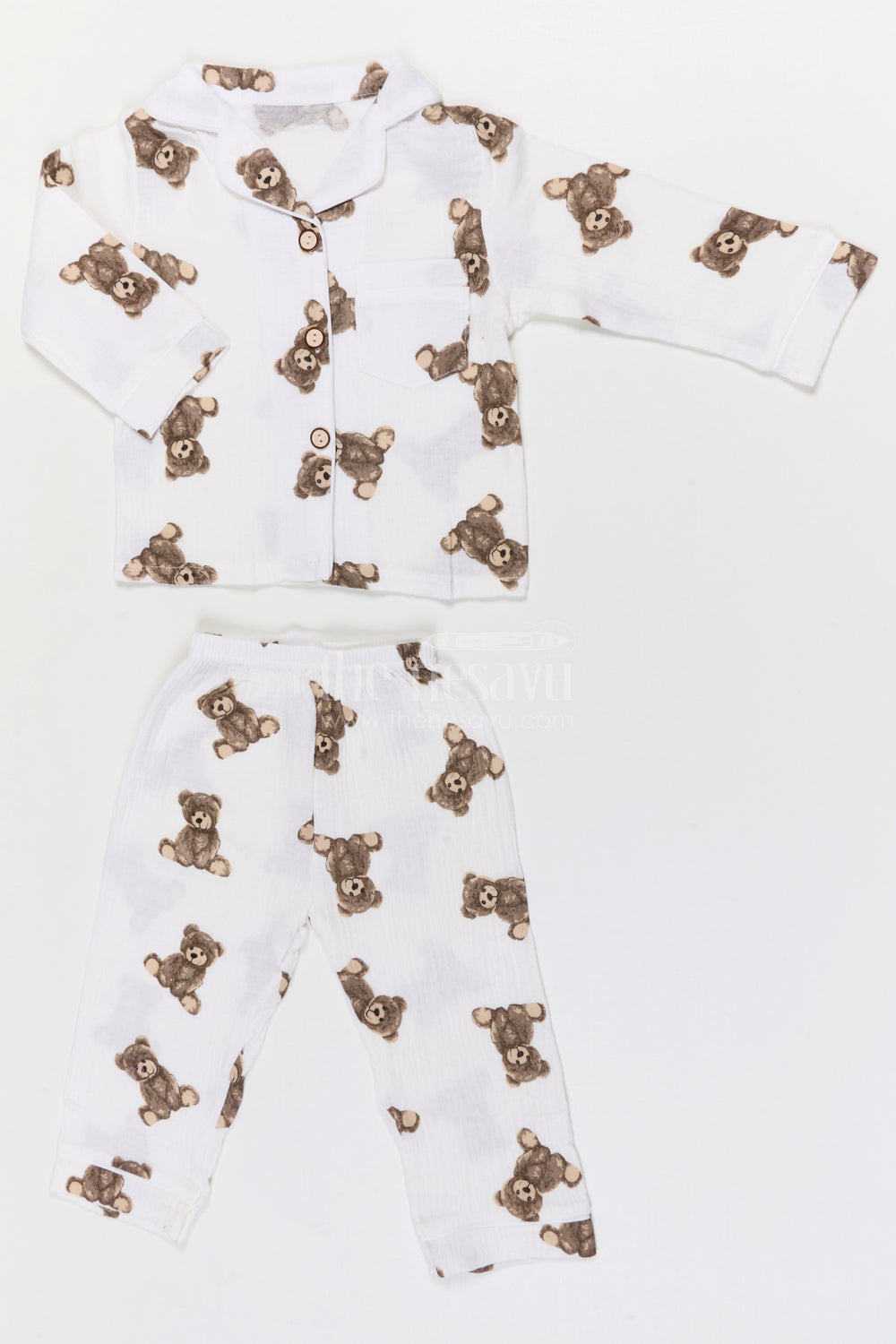 The Nesavu Night Dress Kids Cotton Night Suit for Daily Sleepwear Comfort Nesavu 16 (1Y) / Cream / Muslin Cotton NS050A-16 Nesavu Kids Muslin Cotton Night Suit With Digital Print For Everyday Sleepwear