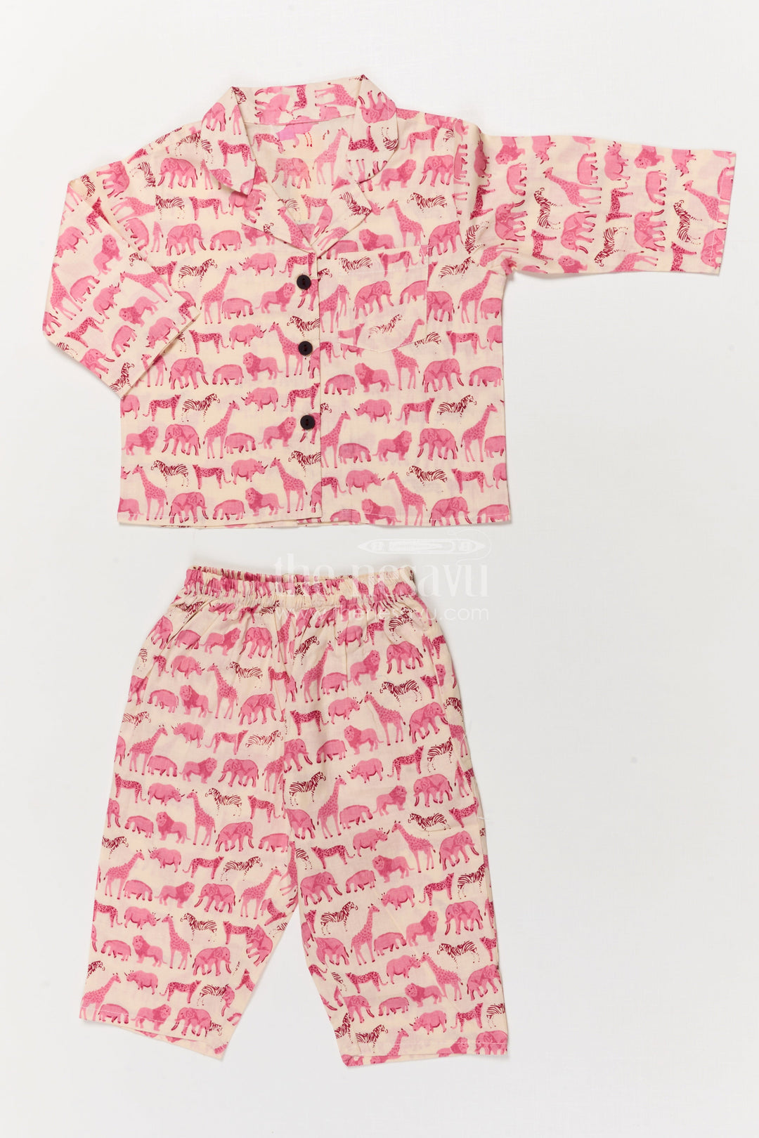 The Nesavu Night Dress Kids Cotton Night Suit with Animal Print for Cozy Sleep Nesavu 16 (1Y) / Pink / Cotton NS045A-16 Nesavu cotton night suit for kids with animal print – breathable and soft sleepwear set