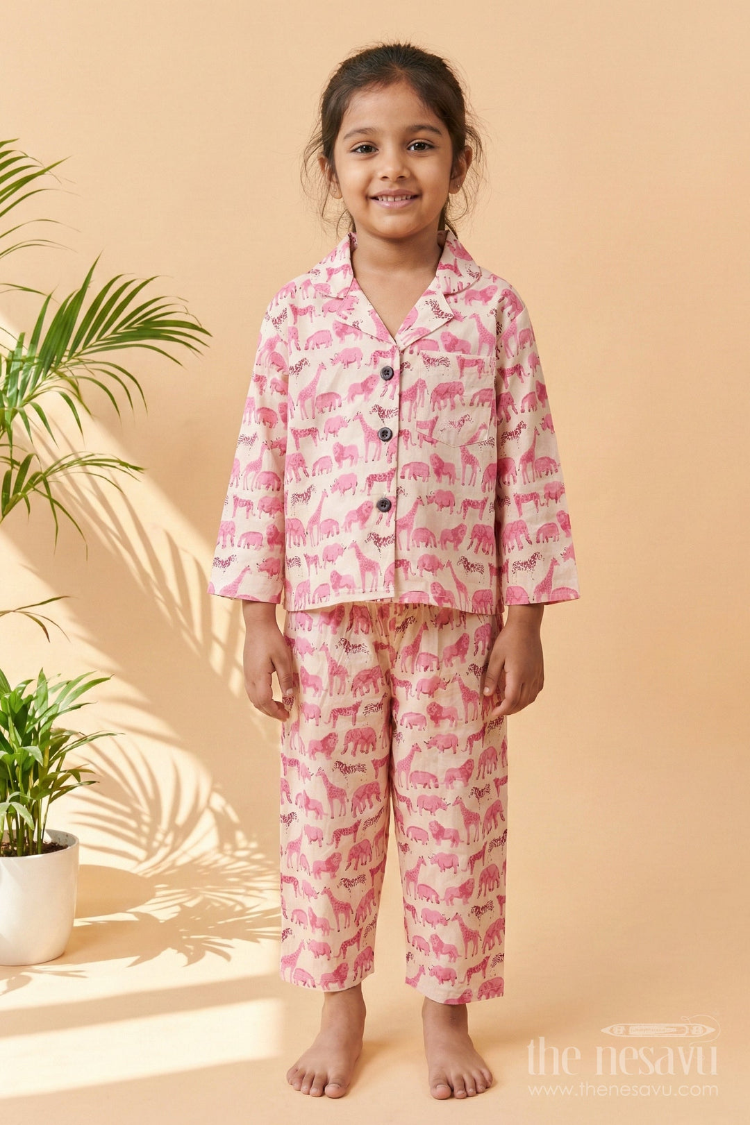 The Nesavu Night Dress Kids Cotton Night Suit with Animal Print for Cozy Sleep Nesavu Nesavu cotton night suit for kids with animal print – breathable and soft sleepwear set