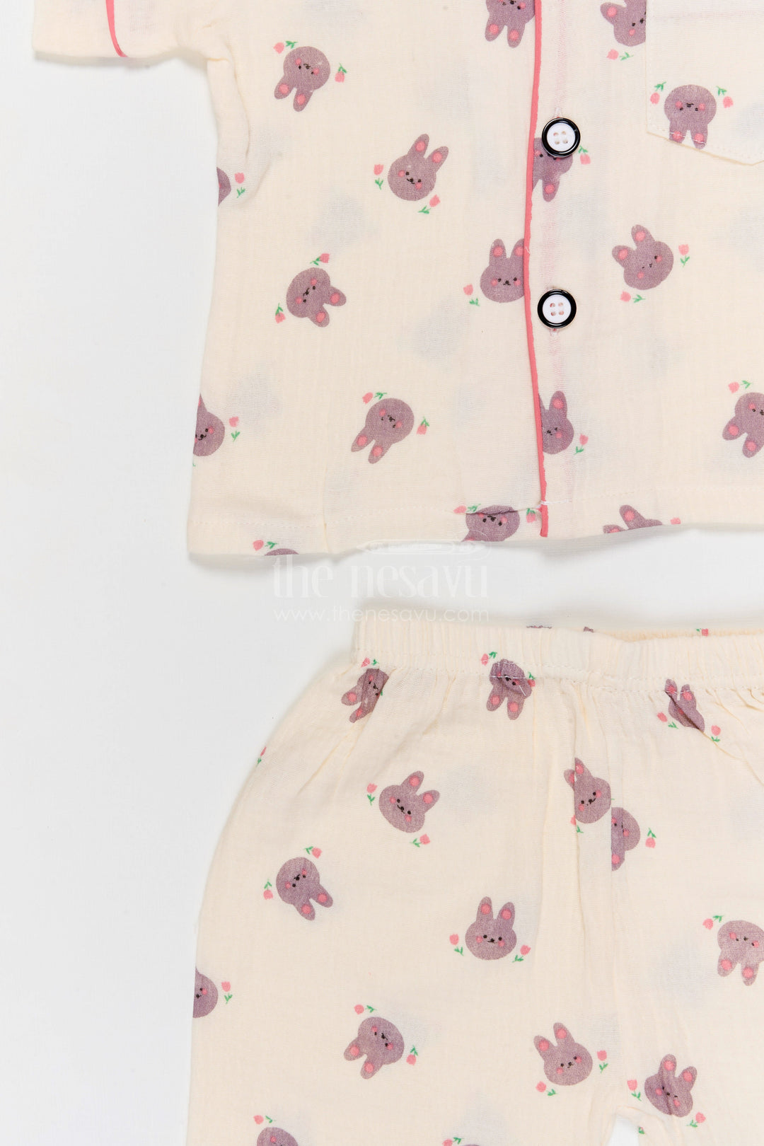The Nesavu Night Dress Kids Cotton Night Suit with Bunny Print for Bedtime Nesavu Nesavu Kids Muslin Cotton Bunny Print Night Suit For Comfortable Sleepwear