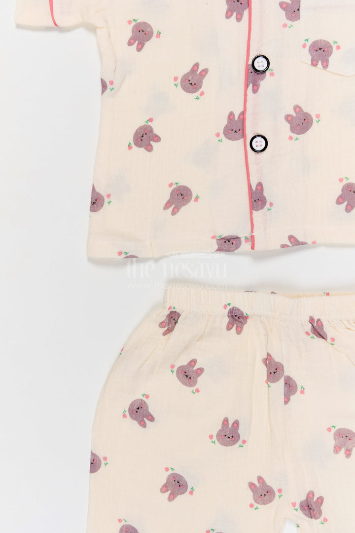 The Nesavu Night Dress Kids Cotton Night Suit with Bunny Print for Bedtime Nesavu Nesavu Kids Muslin Cotton Bunny Print Night Suit For Comfortable Sleepwear
