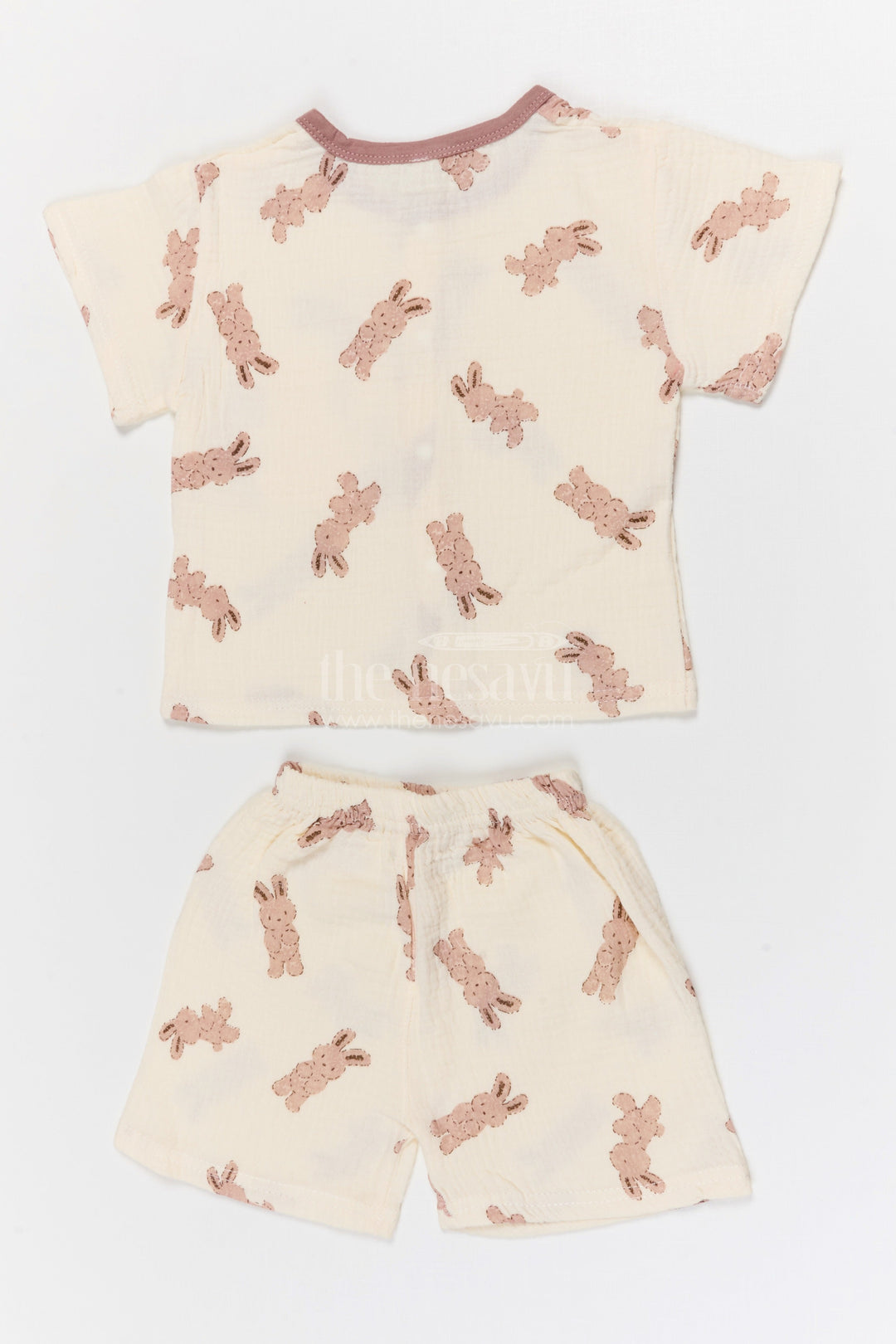 The Nesavu Night Dress Kids Cotton Night Suit with Bunny Print for Cozy Sleep Nesavu Nesavu Kids Muslin Cotton Bunny Print Night Suit For Everyday Summer Sleep