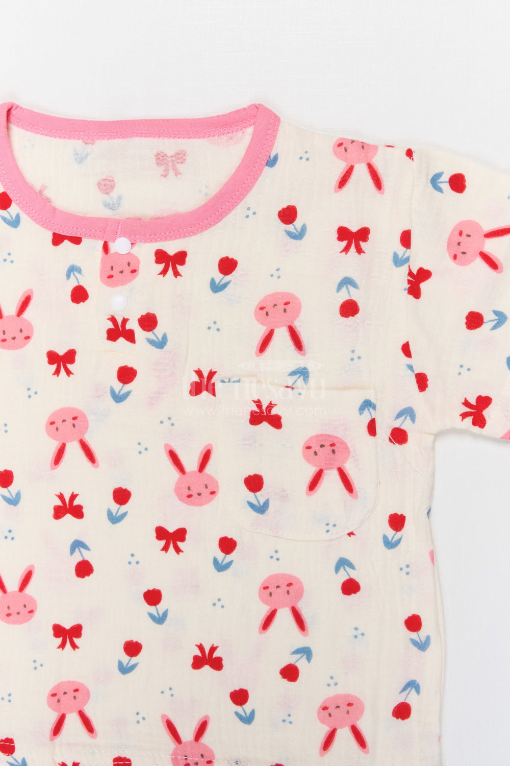 The Nesavu Night Dress Kids Cotton Night Suit with Bunny Print for Cozy Summer Nights Nesavu Nesavu Kids Muslin Cotton Bunny Print Night Suit For Breathable Summer Sleep