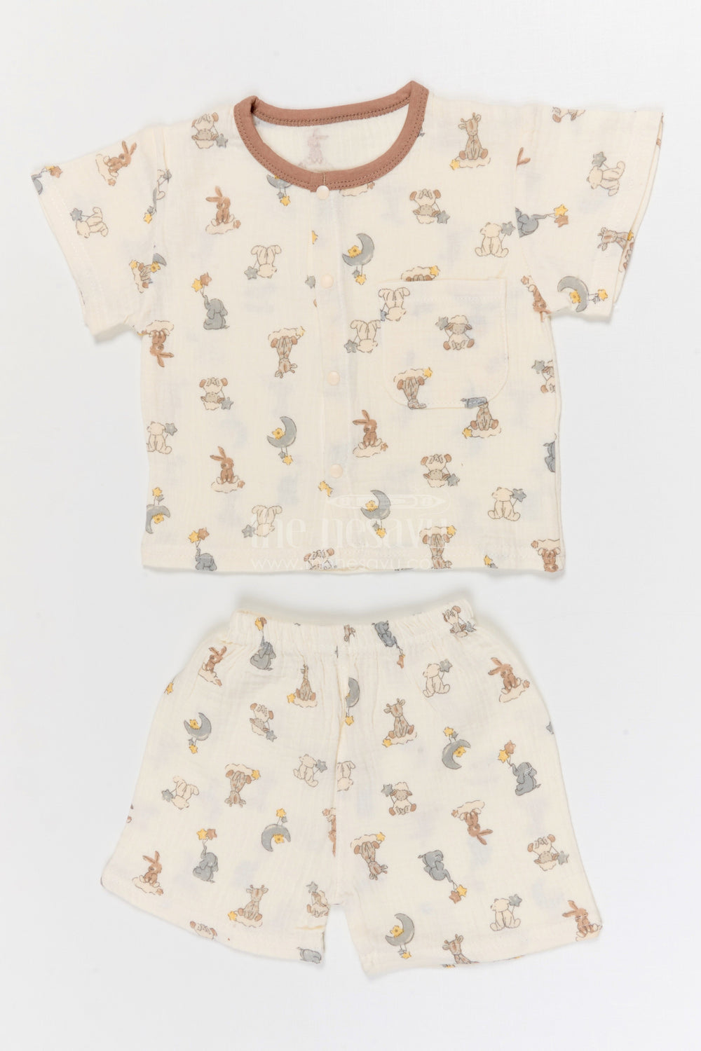 The Nesavu Night Dress Kids Cotton Night Suit with Bunny Print for Everyday Sleep Nesavu 10 (NB) / Cream / Muslin Cotton NS064A-10 Nesavu Kids Muslin Cotton Bunny Print Night Suit For Comfortable Daily Sleepwear