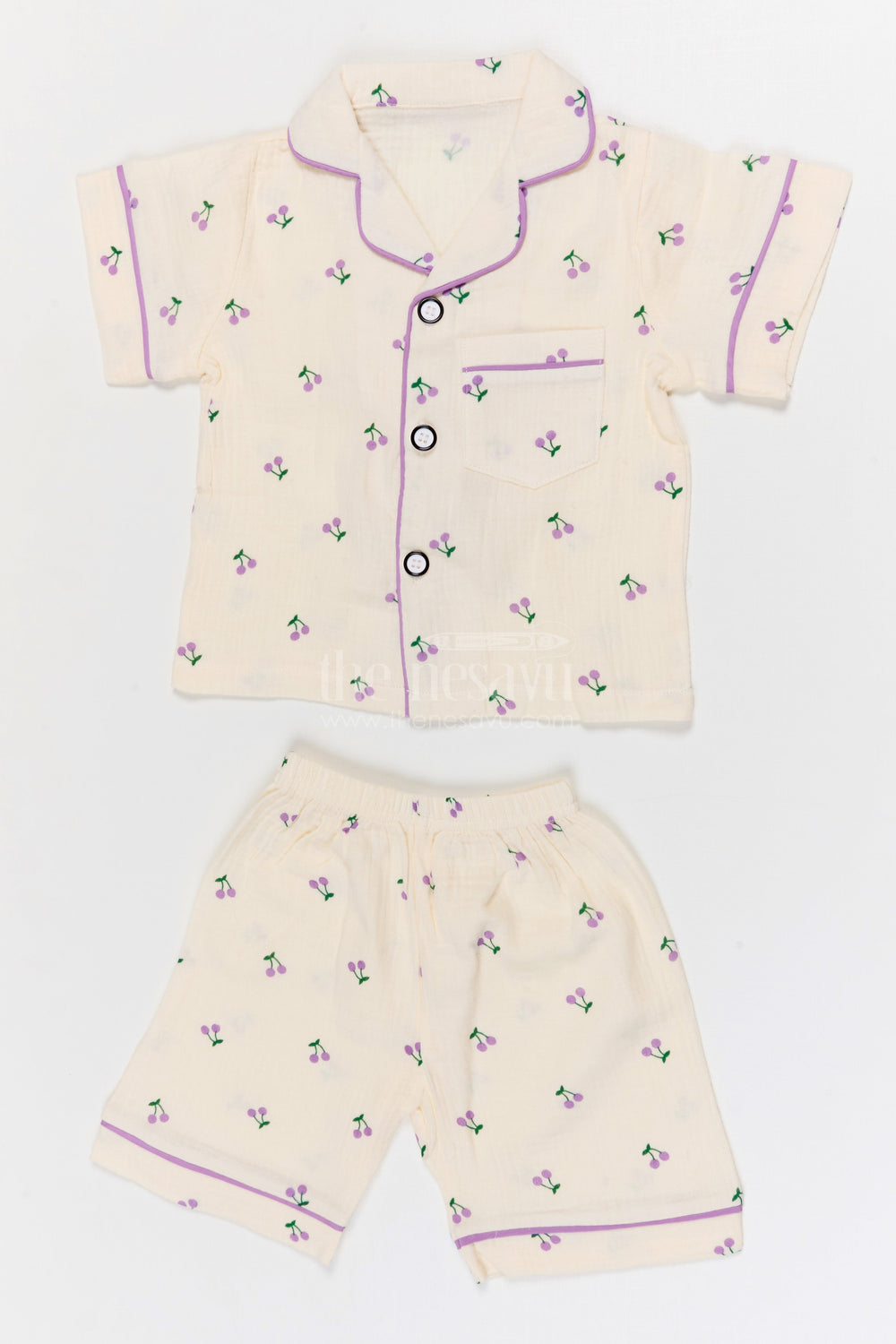 The Nesavu Night Dress Kids Cotton Night Suit with Cherry Print for Bedtime Comfort Nesavu 16 (1Y) / Cream / Muslin Cotton NS052A-16 Nesavu Kids Muslin Cotton Cherry Print Night Suit For Everyday Sleepwear