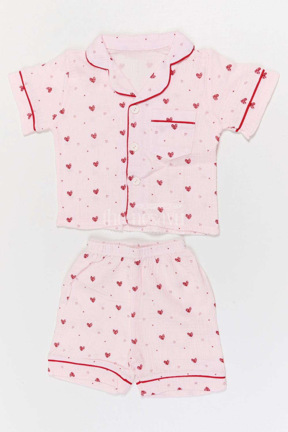 The Nesavu Night Dress Kids Cotton Night Suit with Heart Print for Bedtime Comfort Nesavu 16 (1Y) / Half white / Muslin Cotton NS058A-16 Nesavu Kids Muslin Cotton Heart Print Night Suit For Everyday Summer Sleepwear