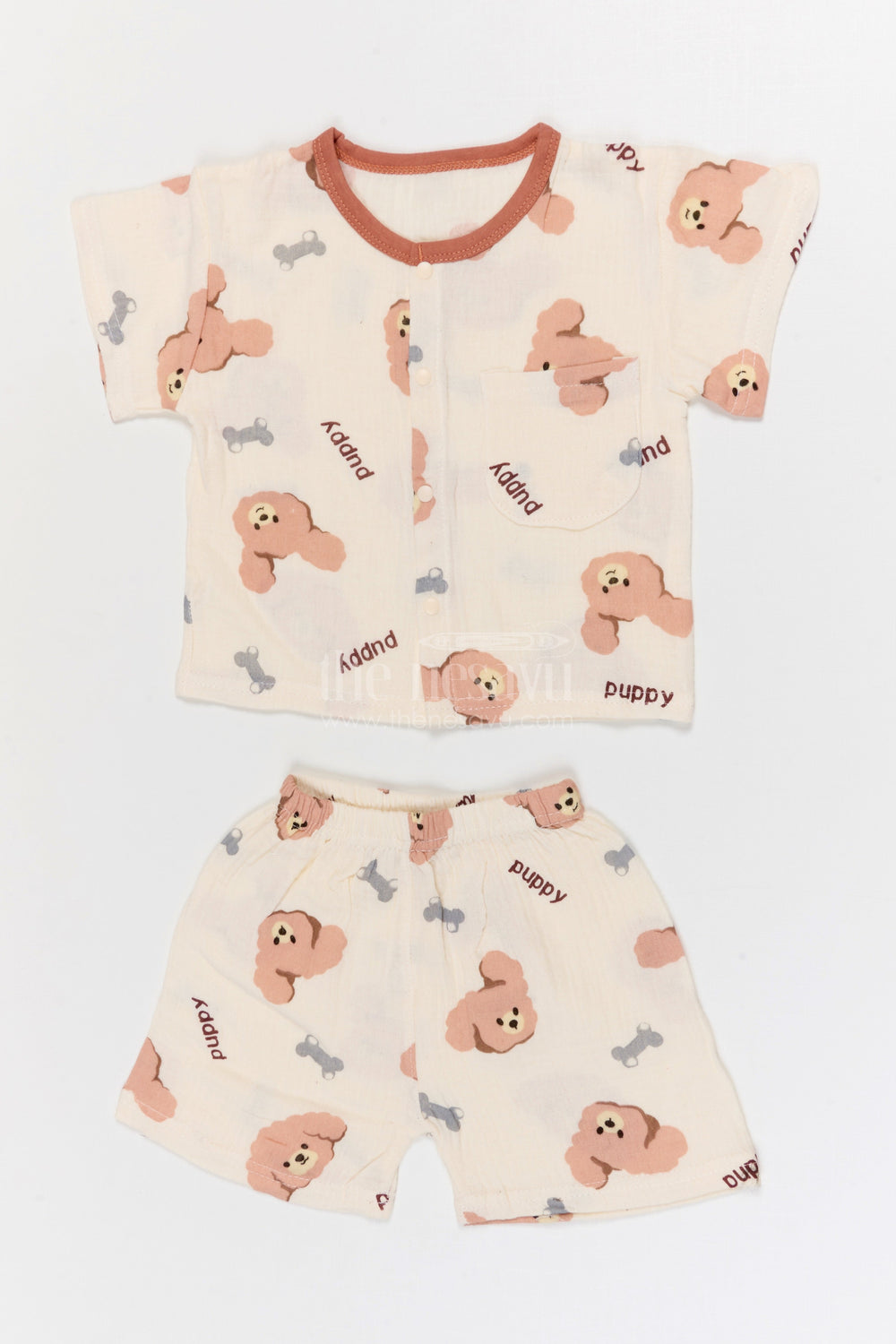 The Nesavu Night Dress Kids Cotton Night Suit with Puppy Print for Bedtime Comfort Nesavu 10 (NB) / Cream / Muslin Cotton NS063A-10 Nesavu Kids Muslin Cotton Puppy Print Night Suit For Breathable Summer Sleepwear