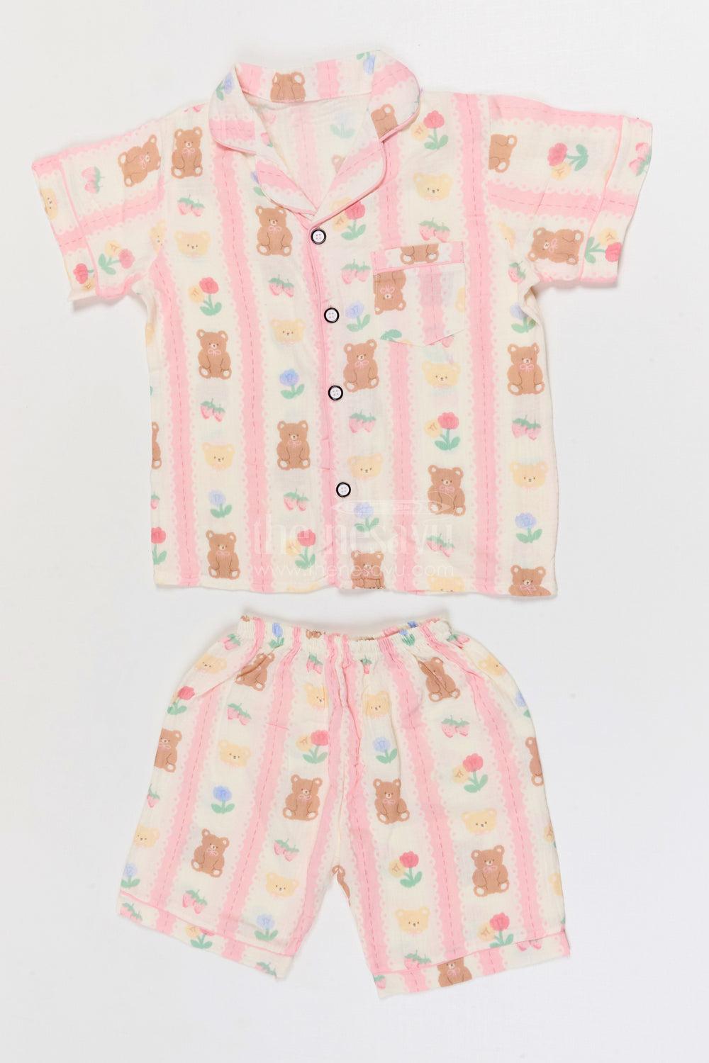 The Nesavu Night Dress Kids Cotton Night Suit with Teddy Print for Bedtime Comfort Nesavu 16 (1Y) / Multicolor / Muslin Cotton NS056A-16 Nesavu Kids Muslin Cotton Teddy Print Night Suit For Everyday Sleepwear