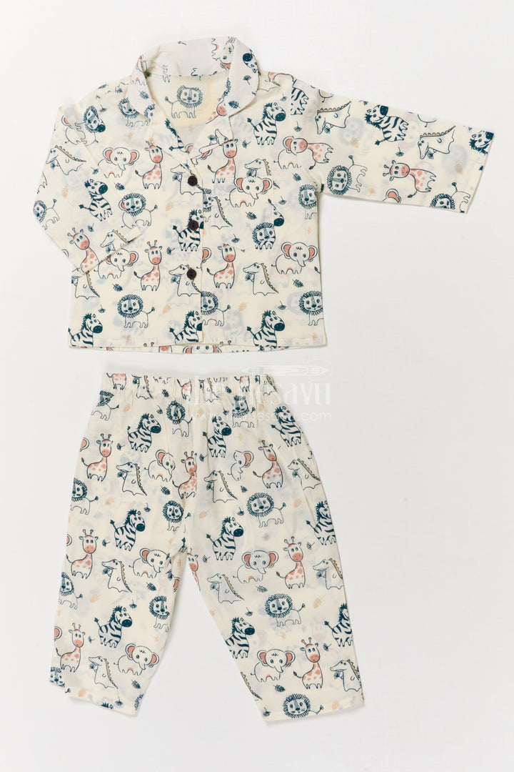 The Nesavu Night Dress Kids Cotton Nightwear with Jungle Animal Print for Cozy Sleep Nesavu 16 (1Y) / Multicolor / Cotton NS047A-16 Nesavu cotton nightwear set for kids with animal print – soft, breathable jungle-themed sleepwear