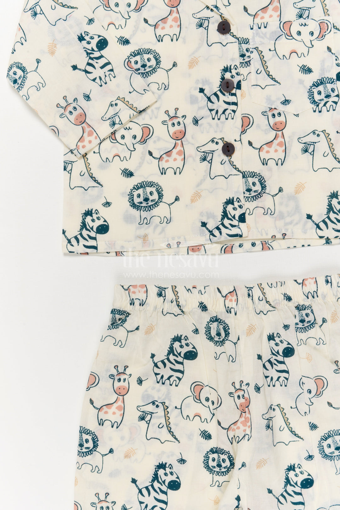 The Nesavu Night Dress Kids Cotton Nightwear with Jungle Animal Print for Cozy Sleep Nesavu Nesavu cotton nightwear set for kids with animal print – soft, breathable jungle-themed sleepwear