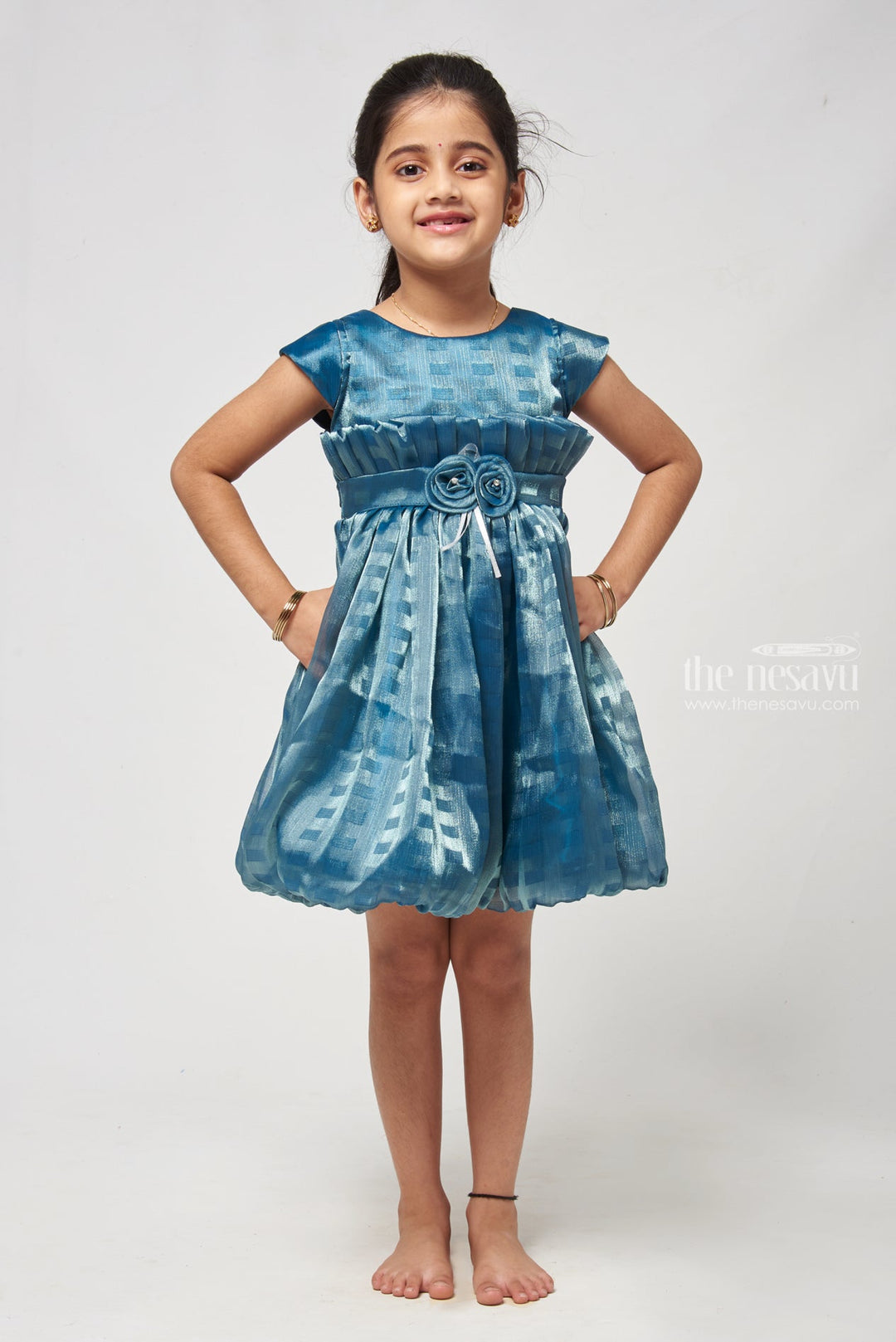 The Nesavu Girls Fancy Frock Kids Designer Tiered Frock with Satin Lining and Floral Appliqué Nesavu 16 (1Y) / Blue / Organza GFC1122A-16 Girls’ Boutique Cocktail Dress - Best For Birthday & Play Dates | The Nesavu