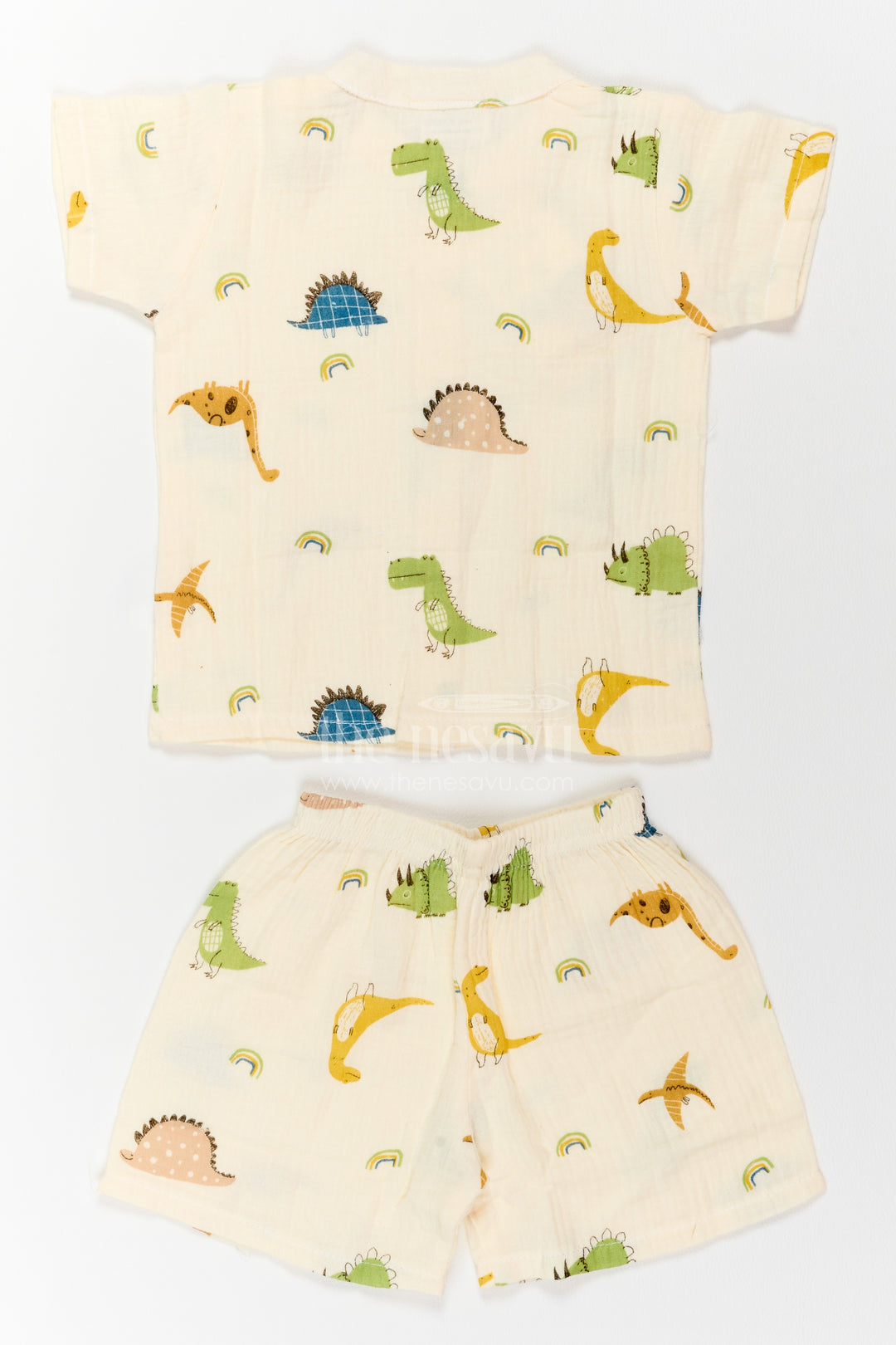 The Nesavu Night Dress Kids Dinosaur Shorts Night Suit for Summer Bedtime and Lounging Nesavu Nesavu Kids Dinosaur Shorts Night Suit In Breathable Muslin For Summer Bedtime Lounging And Sleepovers