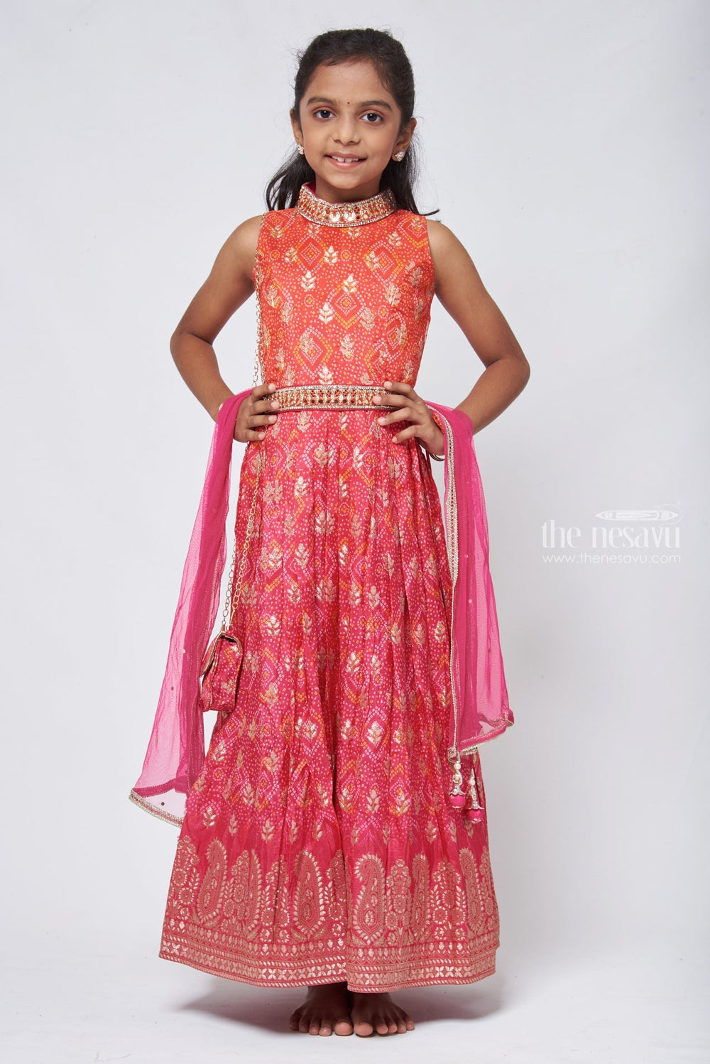 The Nesavu Silk Gown Kids Embroidered Anarkali Bandhani Brilliance in Pink & Orange with Mirror Detailing - Traditional Festive Wear for Girls Nesavu 24 (5Y) / Pink / Viscose Silk GA140A-24 Desi Anarkali For Kids | Designer Anarkali For Girls | The Nesavu