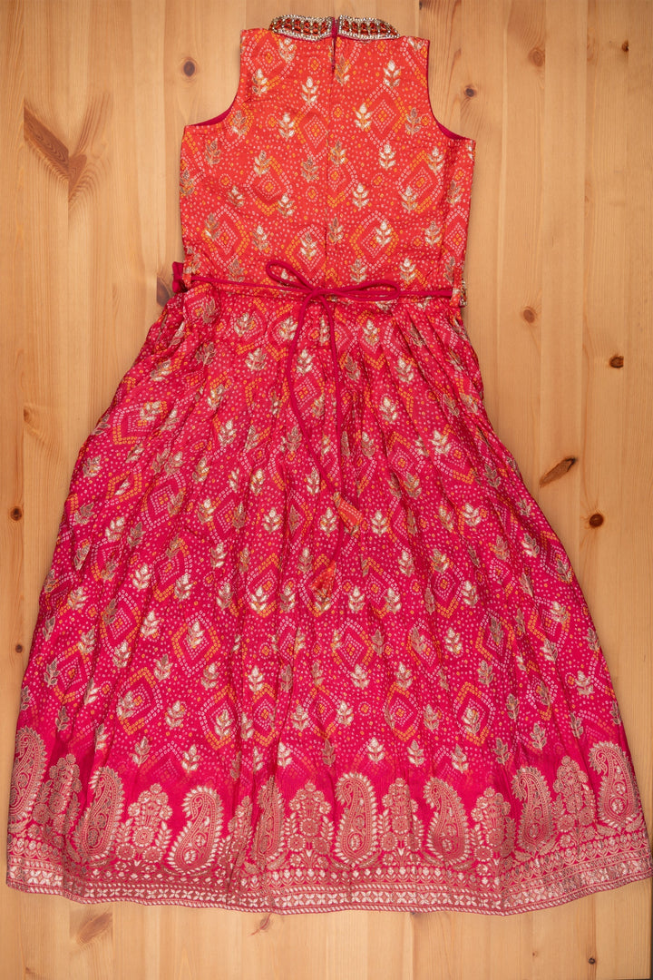 Kids Embroidered Anarkali Bandhani Brilliance in Pink & Orange with Mirror Detailing - Traditional Festive Wear for Girls