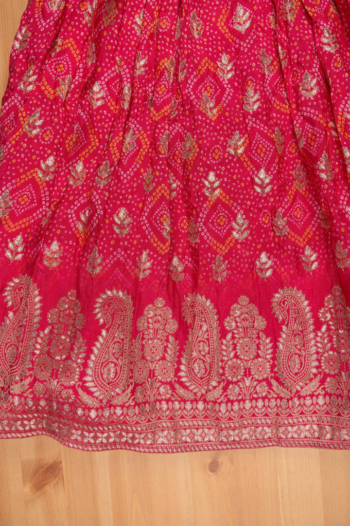 The Nesavu Silk Gown Kids Embroidered Anarkali Bandhani Brilliance in Pink & Orange with Mirror Detailing - Traditional Festive Wear for Girls Nesavu Desi Anarkali For Kids | Designer Anarkali For Girls | The Nesavu