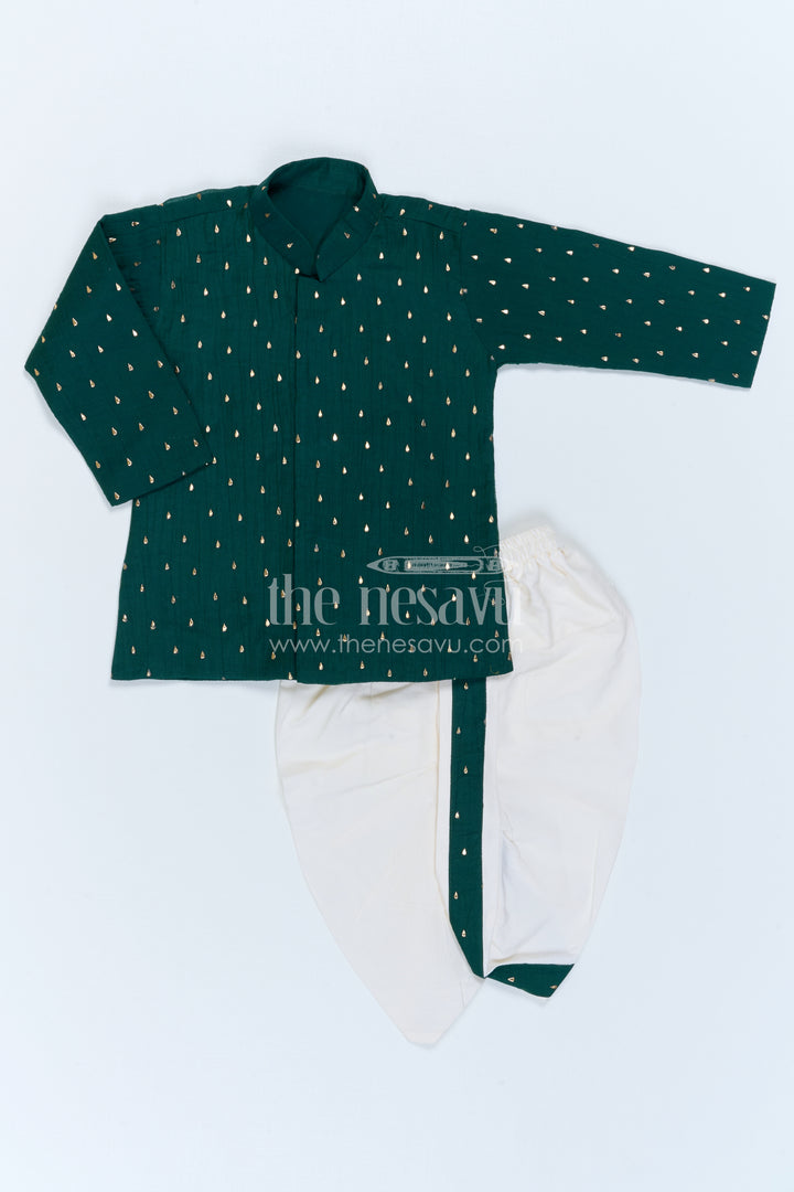 The Nesavu Boys Dothi Set Kids Ethnic Dothi Outfit for Festive Wedding Celebrations Nesavu 10 (NB) / Green / Viscose Silk BES1020B-10 Nesavu Kids Ethnic Dothi Outfit With Foil Print Kurta For Weddings And Festive Occasions