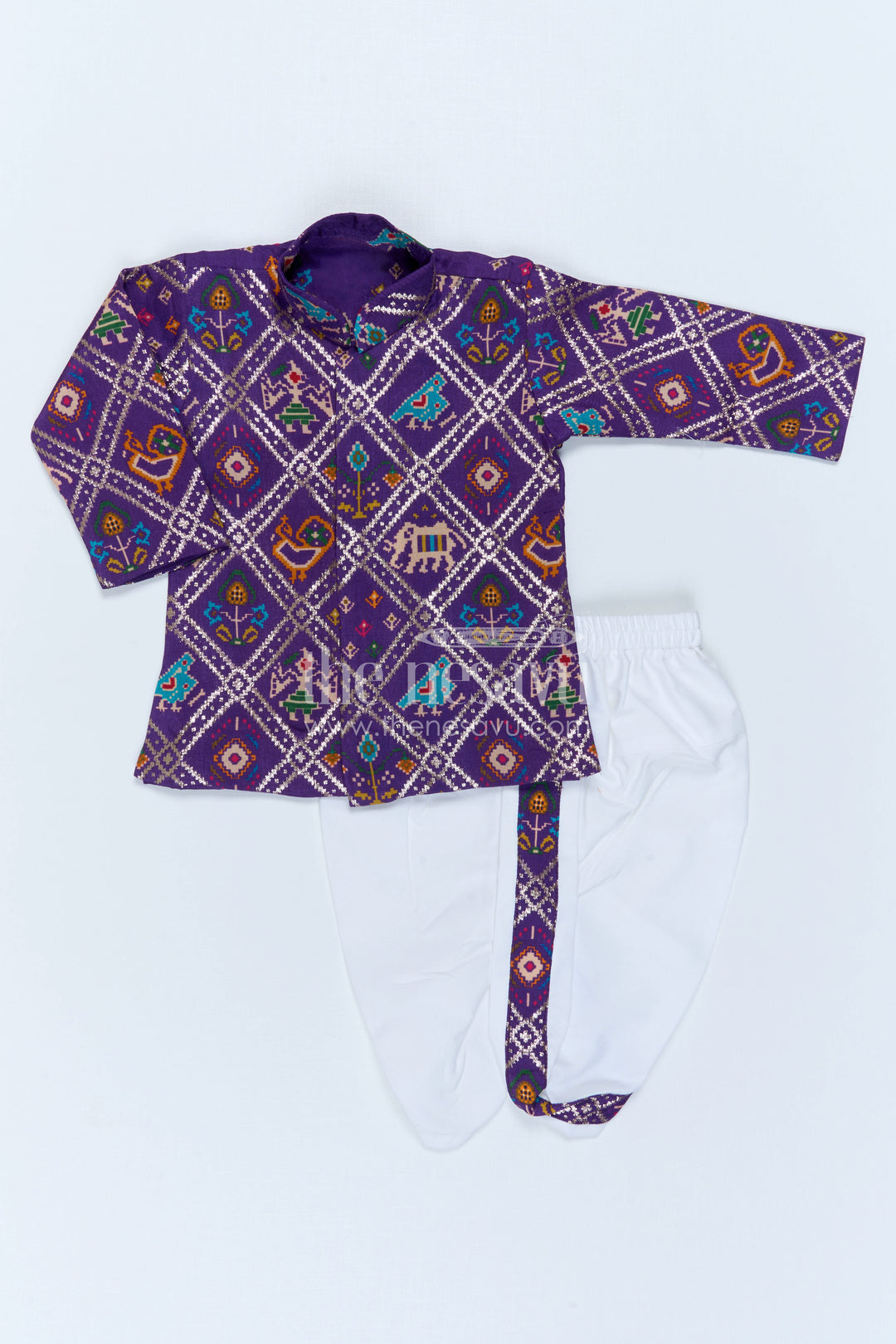 The Nesavu Boys Dothi Set Kids Ethnic Dothi Outfit for Wedding and Festive Functions Nesavu 10 (NB) / Purple / Viscose Silk BES1022B-10 Nesavu Kids Ethnic Dothi Outfit With Patola Print For Weddings And Festive Celebrations