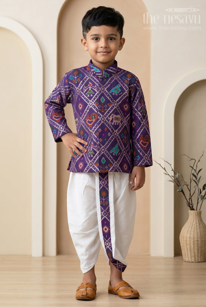 The Nesavu Boys Dothi Set Kids Ethnic Dothi Outfit for Wedding and Festive Functions Nesavu 10 (NB) / Purple / Viscose Silk BES1022B-10 Nesavu Kids Ethnic Dothi Outfit With Patola Print For Weddings And Festive Celebrations
