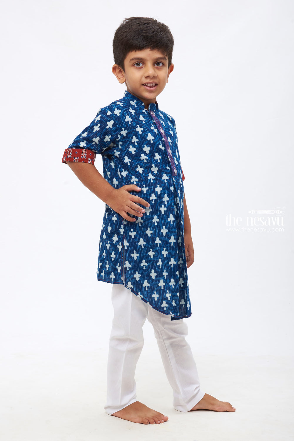 The Nesavu Boys Kurtha Set Kids Ethnic Ensemble: Trendy Printed Blue Shirt with Breathable Cotton Pants Nesavu Boys Traditional Wear | Festive Kurta Sets Collection | The Nesavu