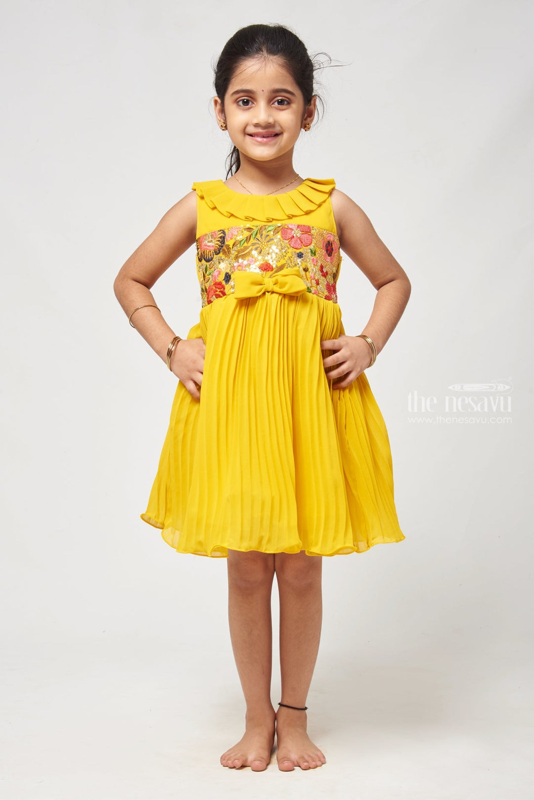 The Nesavu Girls Fancy Frock Kids Fancy Georgette Gown Ankle-Length with Halter Neck Design Nesavu 16 (1Y) / Yellow / Georgette GFC1123A-16 Tiered Party Dress For Girls - Stylish Choice For Casual Outings | The Nesavu