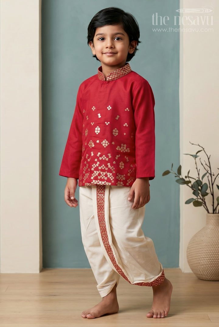 The Nesavu Boys Dothi Set Kids Festive Dothi Set for Weddings and Cultural Functions Nesavu 10 (NB) / Red / Viscose Silk BES1018C-10 Nesavu Kids Festive Dothi Set With Foil Print Kurta For Weddings And Traditional Functions