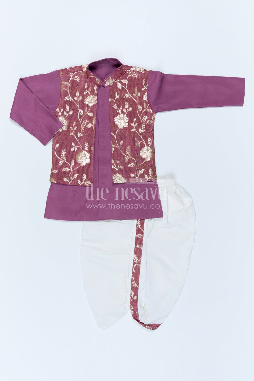 The Nesavu Boys Jacket Sets Kids Festive Jacket Set for Wedding and Cultural Celebrations Nesavu 10 (NB) / Purple / Viscose Silk BES1023C-10 Nesavu Kids Festive Jacket Set With Floral Woven Detailing For Weddings And Cultural Events