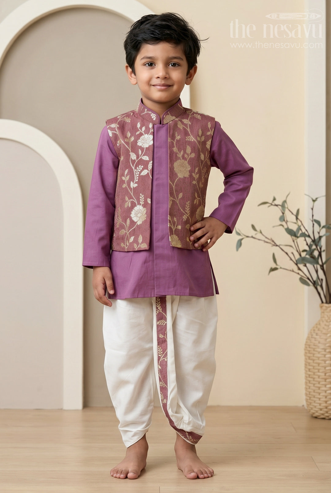 The Nesavu Boys Jacket Sets Kids Festive Jacket Set for Wedding and Cultural Celebrations Nesavu 10 (NB) / Purple / Viscose Silk BES1023C-10 Nesavu Kids Festive Jacket Set With Floral Woven Detailing For Weddings And Cultural Events