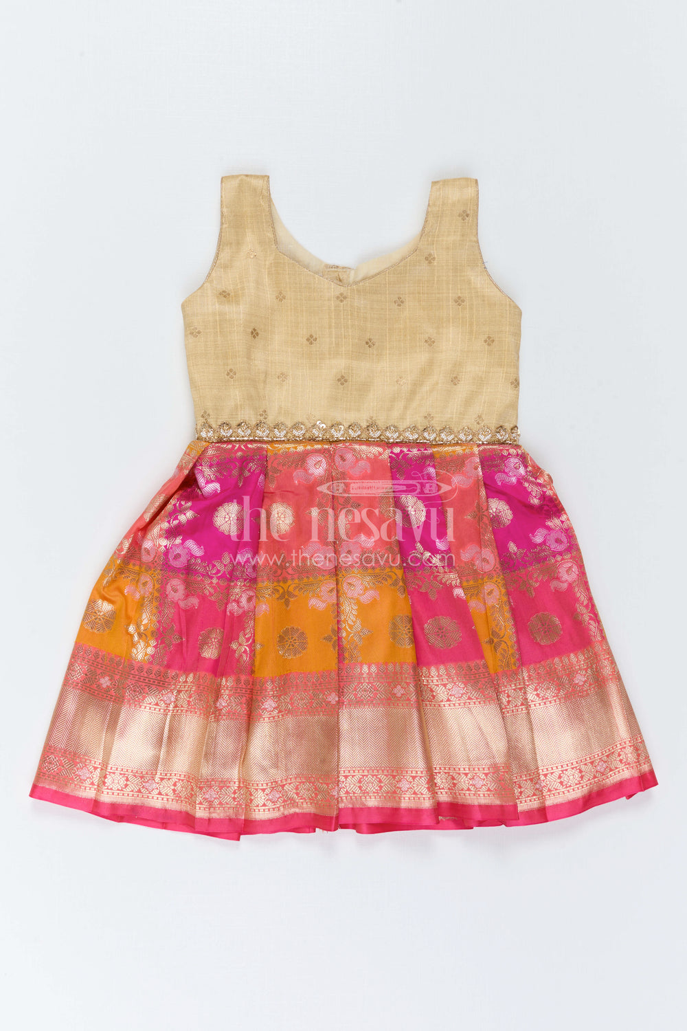 The Nesavu Silk Frock Kids Festive Silk Dress for Traditional Celebrations and Photos Nesavu 18 (2Y) / Cream / Semi Banarasi SF1170A-18 Nesavu Kids Festive Silk Dress With Colorful Woven Skirt For Weddings And Family Celebrations