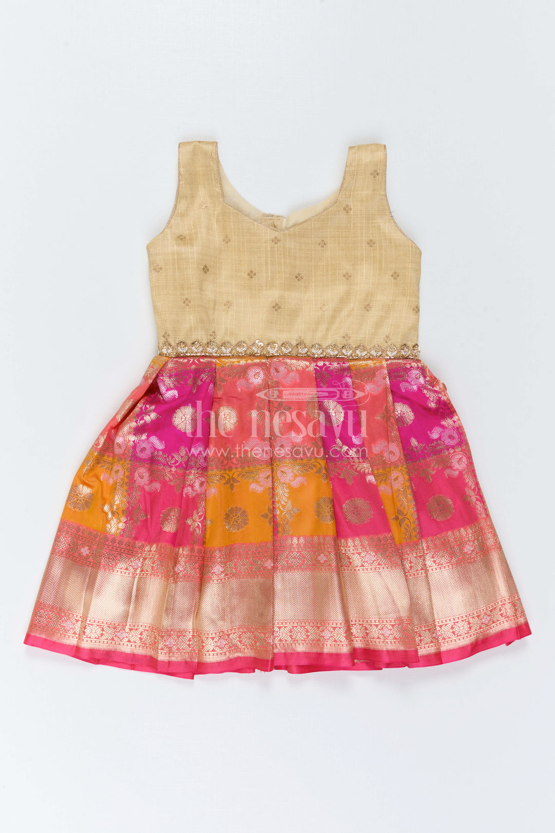The Nesavu Silk Frock Kids Festive Silk Dress for Traditional Celebrations and Photos Nesavu 18 (2Y) / Cream / Semi Banarasi SF1170A-18 Nesavu Kids Festive Silk Dress With Colorful Woven Skirt For Weddings And Family Celebrations
