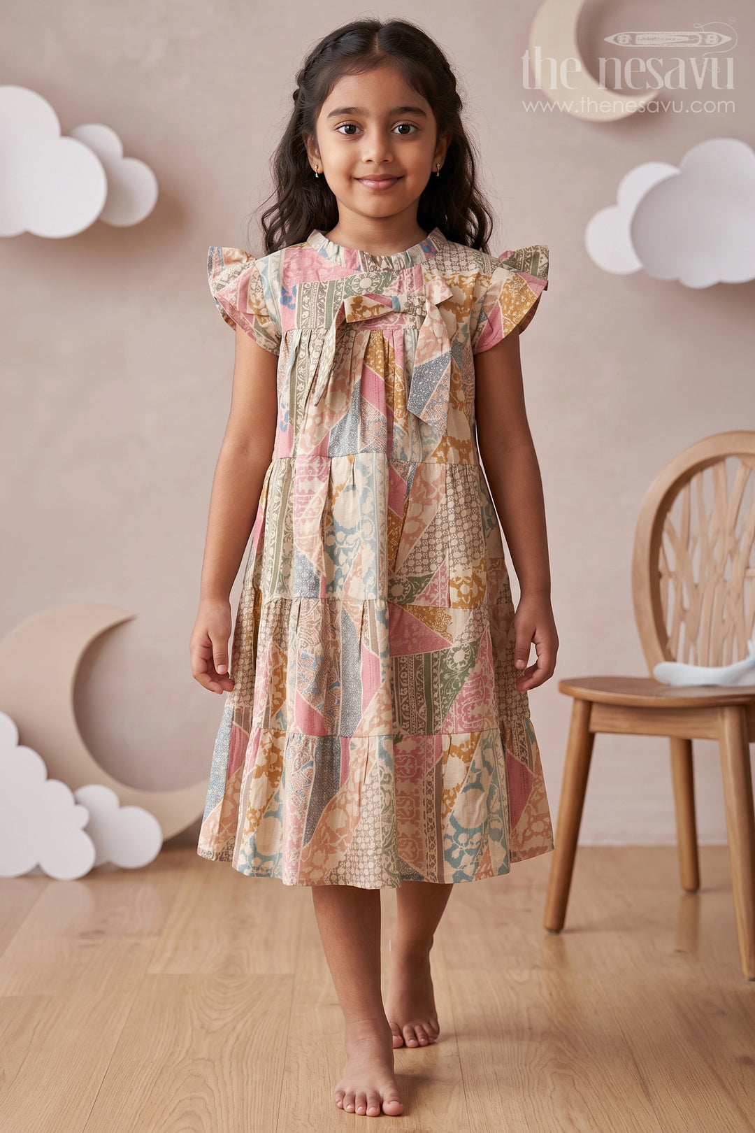 The Nesavu Girls Cotton Frock Kids Frock in Modal Silk with Multicolor Digital Print and Tiered Design for Girls Nesavu 18 (2Y) / Green GFC1694A-18 Kids Frock Girls Multicolor Modal Silk Digital Print Tiered Bow Design | The Nesavu