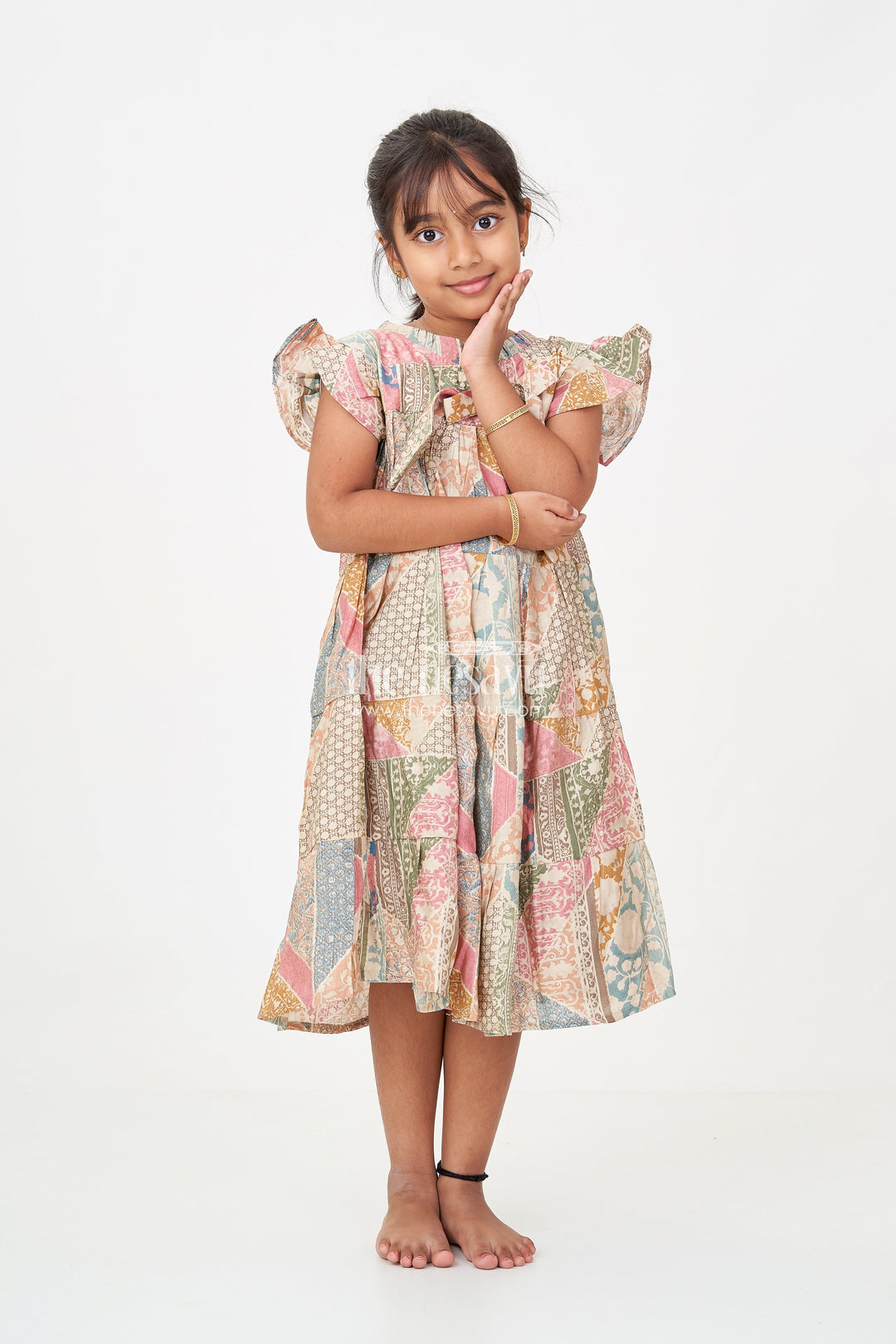 The Nesavu Girls Cotton Frock Kids Frock in Modal Silk with Multicolor Digital Print and Tiered Design for Girls Nesavu 18 (2Y) / Green GFC1694A-18 Nesavu Kids Frock Girls Multicolor Modal Silk Digital Print Tiered Bow Design
